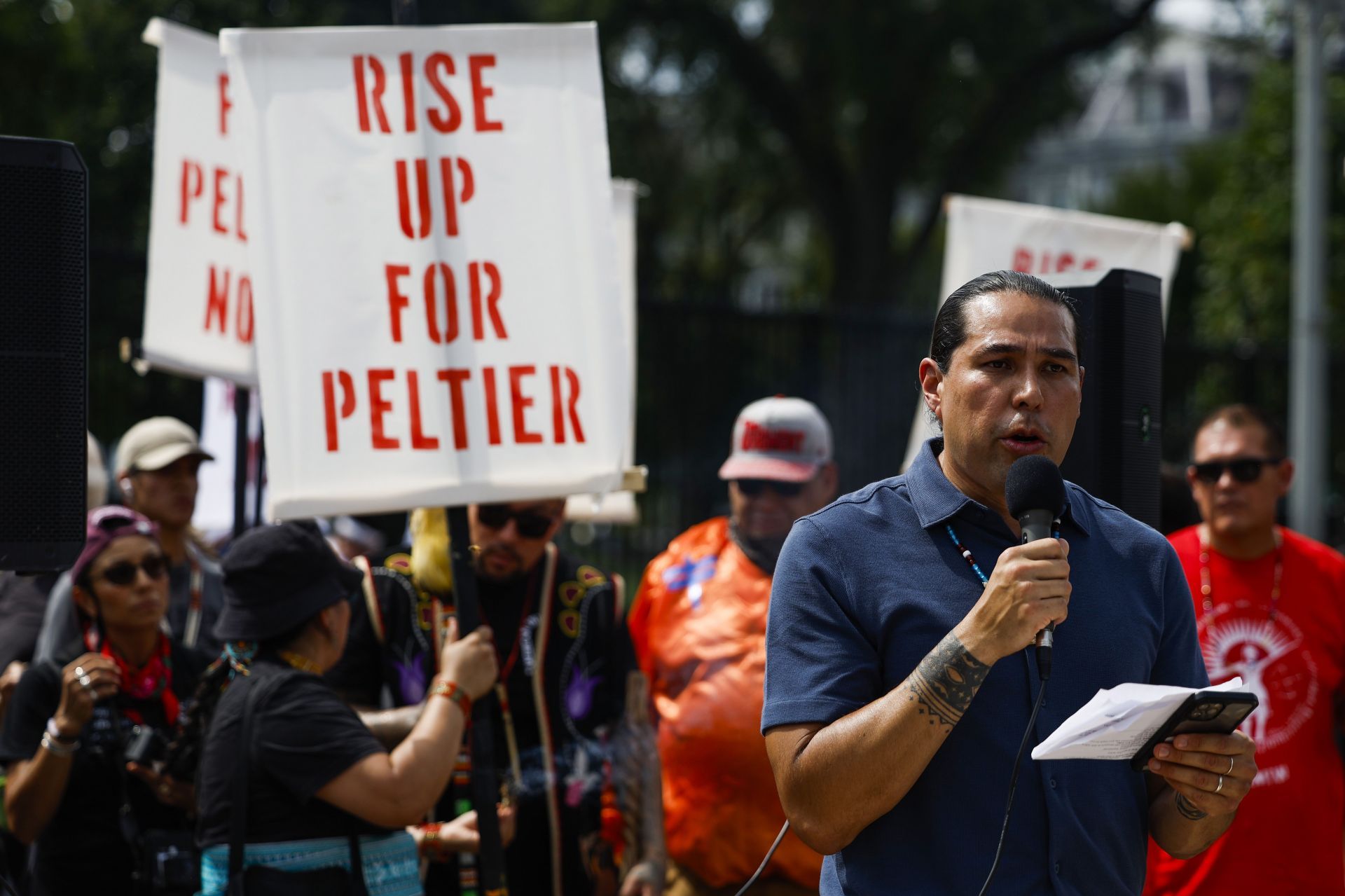 Protest Held Outside White House Calling On President Biden To Grant Native American Activist Leonard Peltier Clemency - Source: Getty