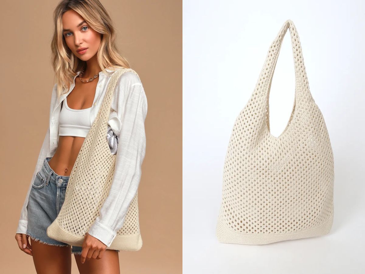 Lulus Vacay Bound Cream Crochet Tote Bag (Image via Lulus)