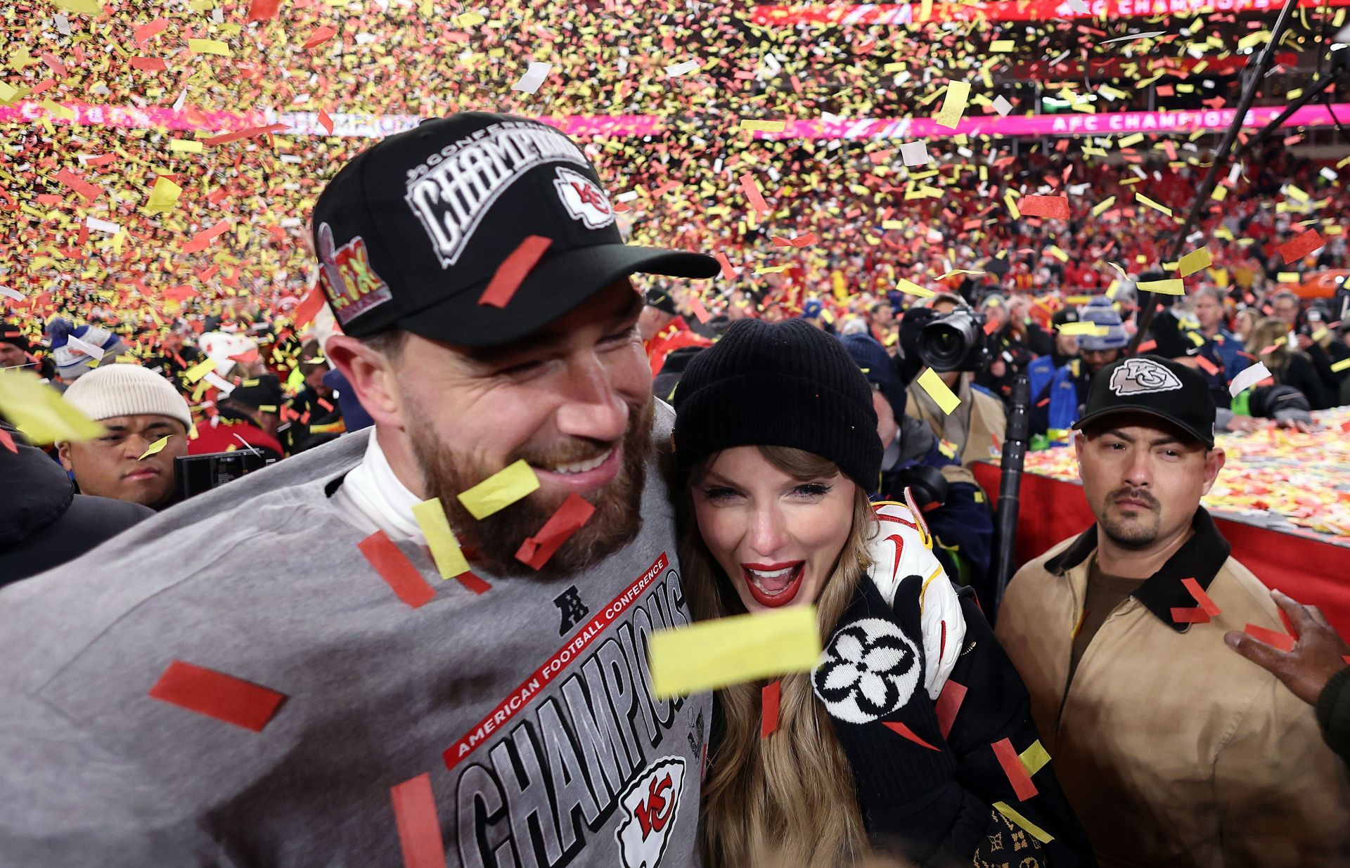 Travis Kelce #87 of the Kansas City Chiefs celebrates with Taylor Swift after the Chiefs win the AFC Championship Game at GEHA Field at Arrowhead Stadium on January 26, 2025, in Kansas City, Missouri. (Photo by Jamie Squire/Getty Images)