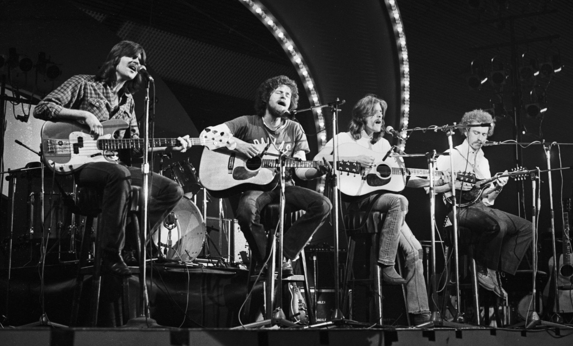 American group Eagles perform live on stage at the &#039;Pop Gala&#039; TV show, Voorburg, Netherlands, 10th March 1973. Left to right: Randy Meisner, Don Felder, Glenn Frey and Bernie Leadon. (Photo Gijsbert Hanekroot/Redferns)