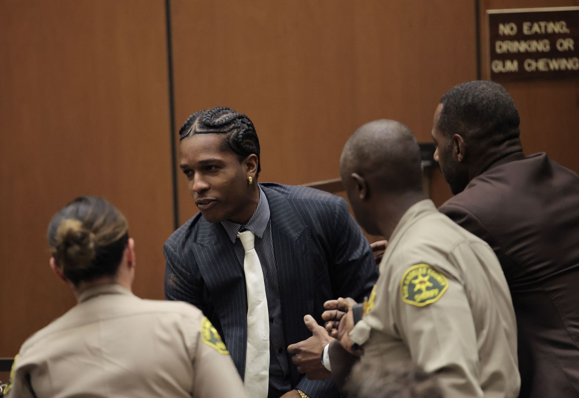 Rakim Mayers, aka A$AP Rocky, reacts in court as the verdict is given in his felony assault trial at Clara Shortridge Foltz Criminal Justice Center on February 18, 2025 in Los Angeles, California. (Photo by Daniel Cole-Pool/Getty Images)