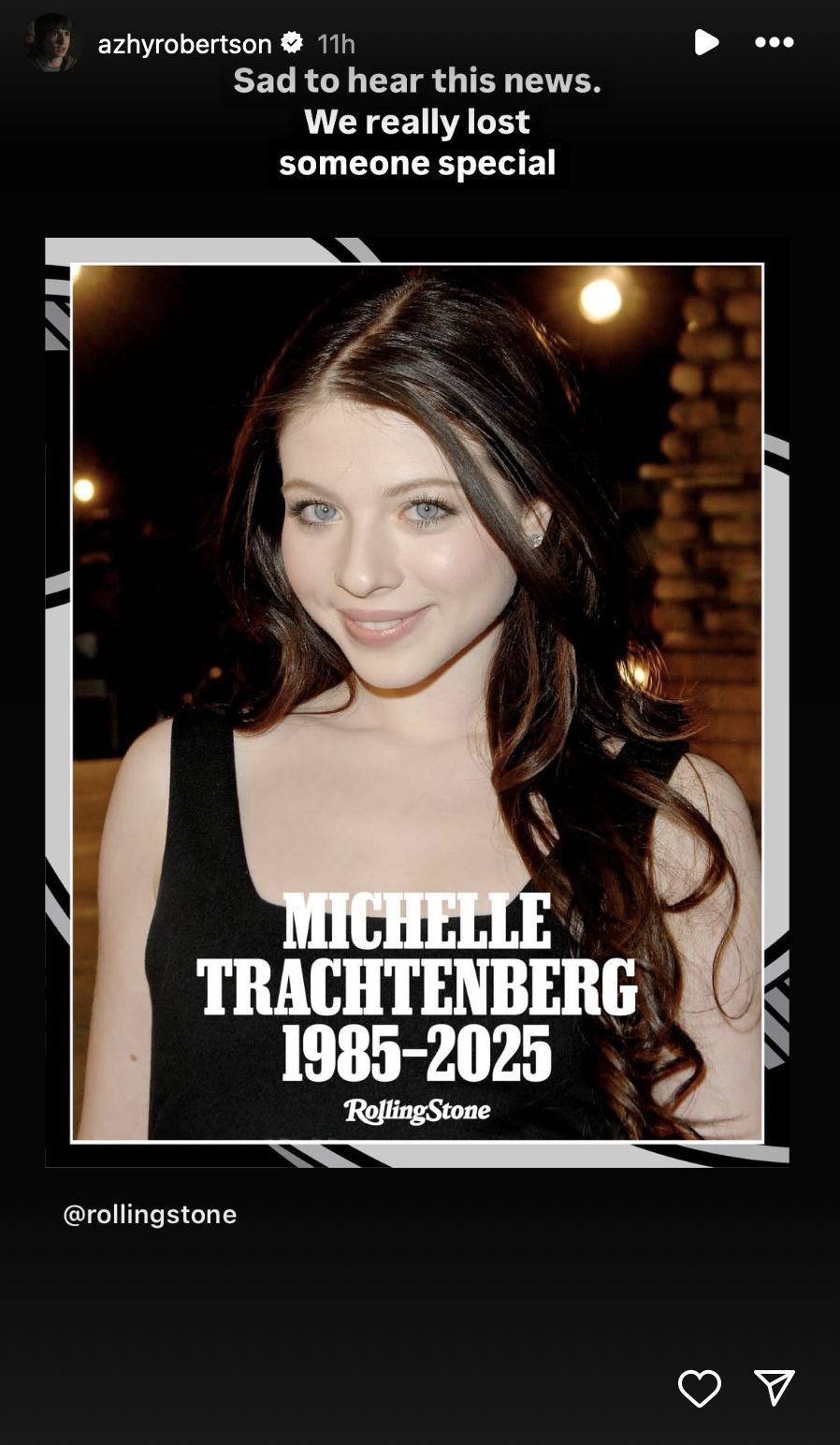 Azhy Robertson remembers Michelle Trachtenberg. (Image via Instagram/@azhyrobertson)