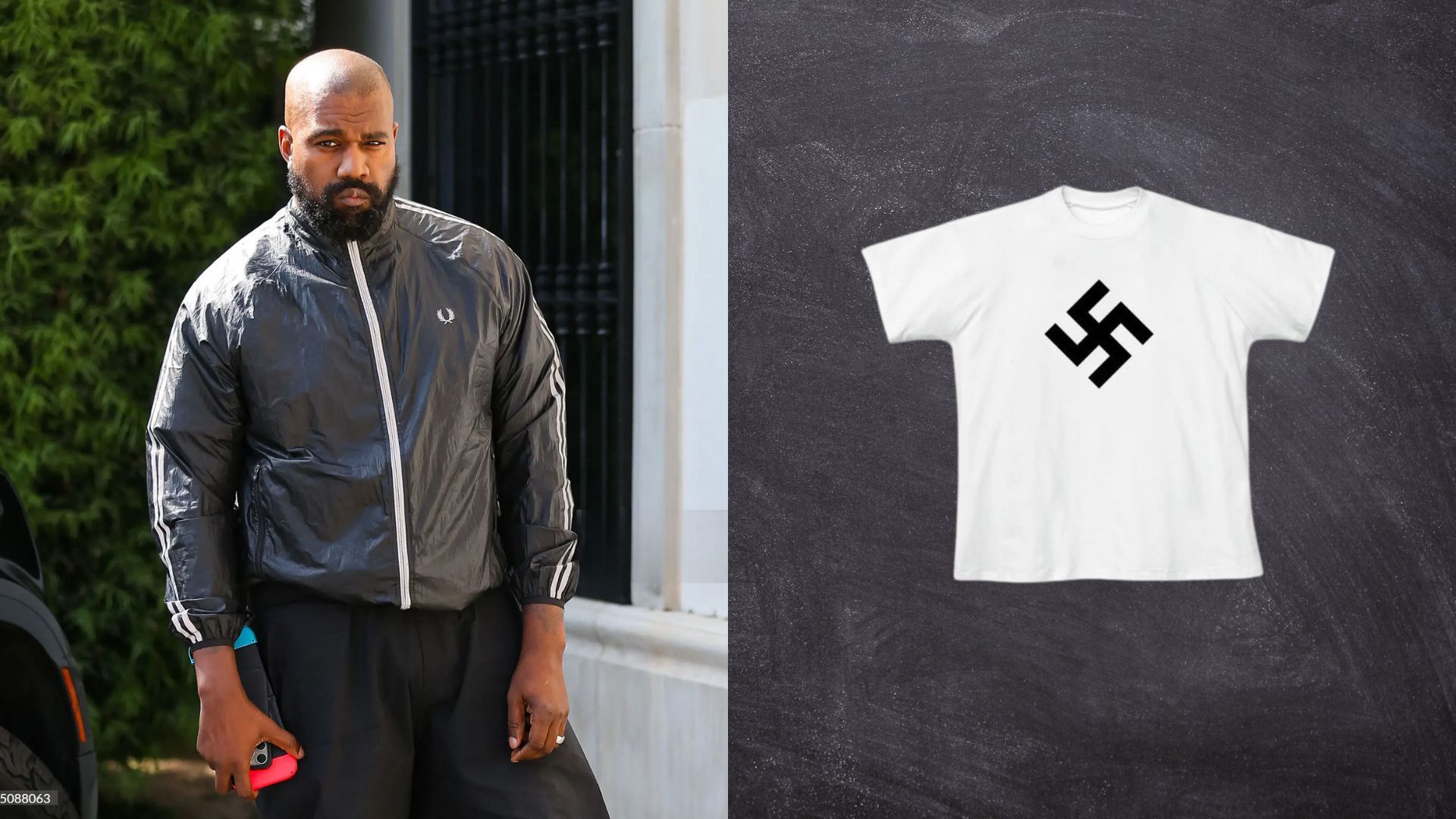 Kanye West shared an image of a white shirt with the Swastika logo on it (Image via Getty Images/@ye on X)