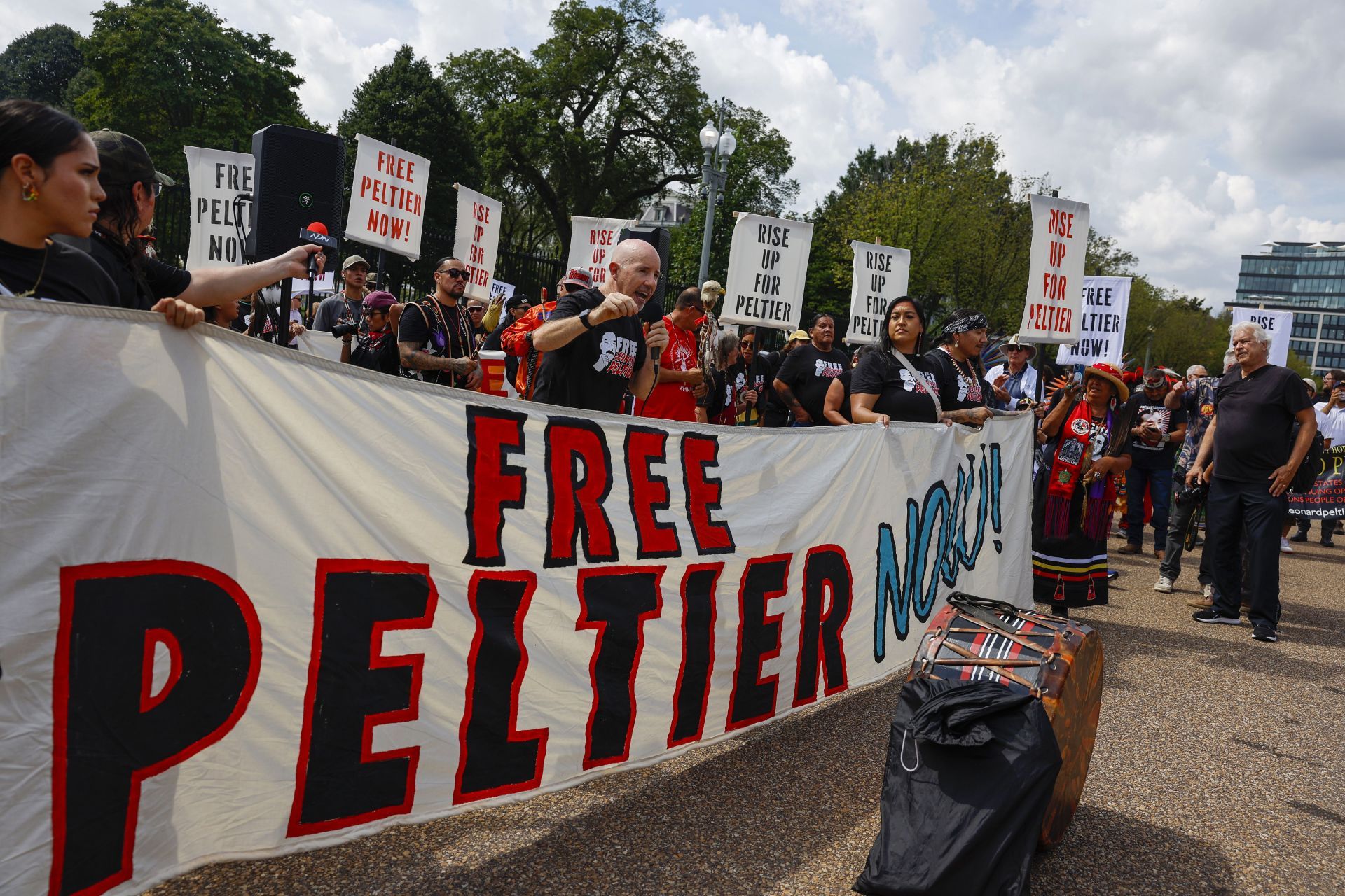 Protest Held Outside White House Calling On President Biden To Grant Native American Activist Leonard Peltier Clemency - Source: Getty