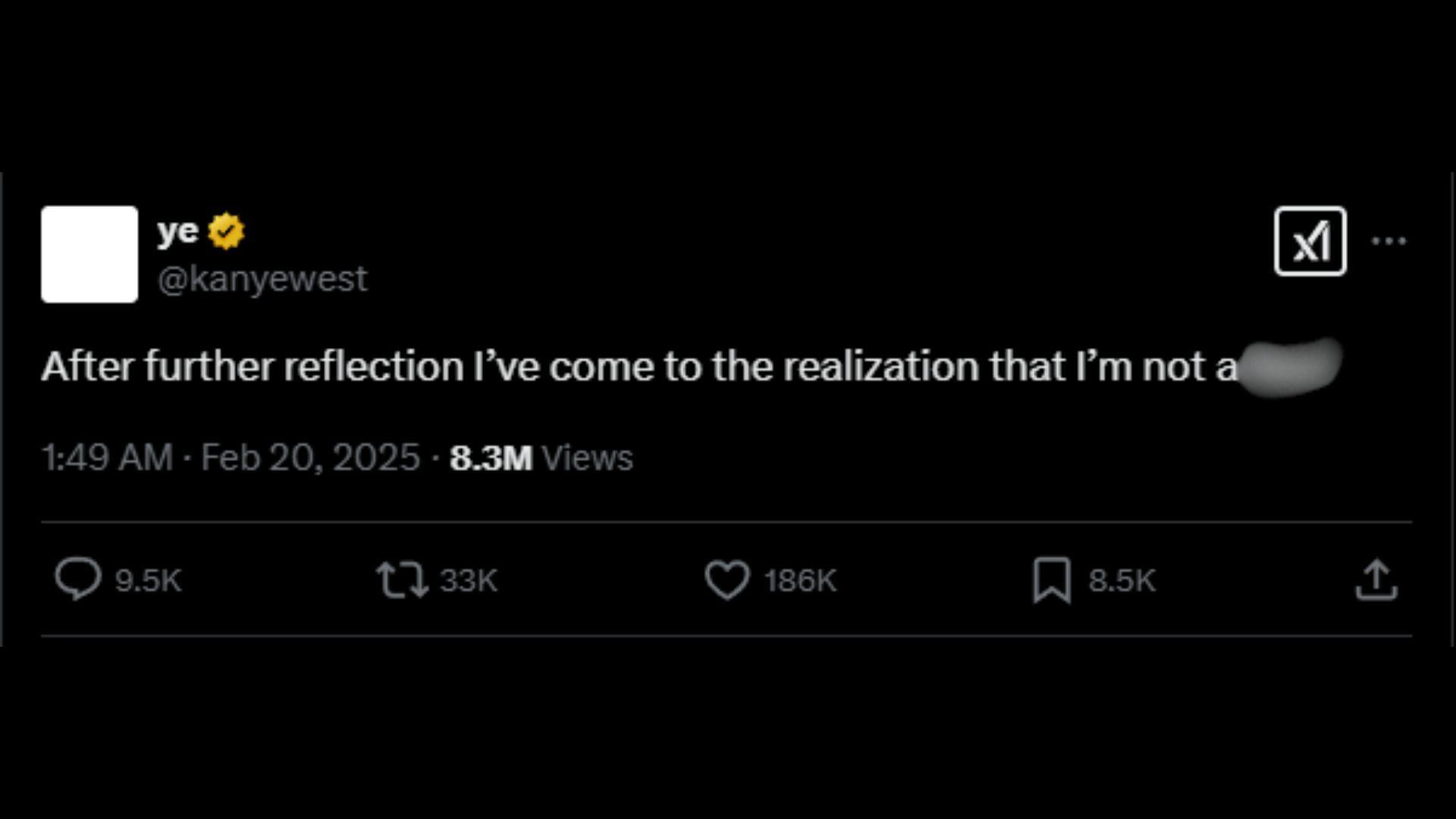 A screenshot of Ye&#039;s February 20, 2025 tweet (Image via X/@ye)