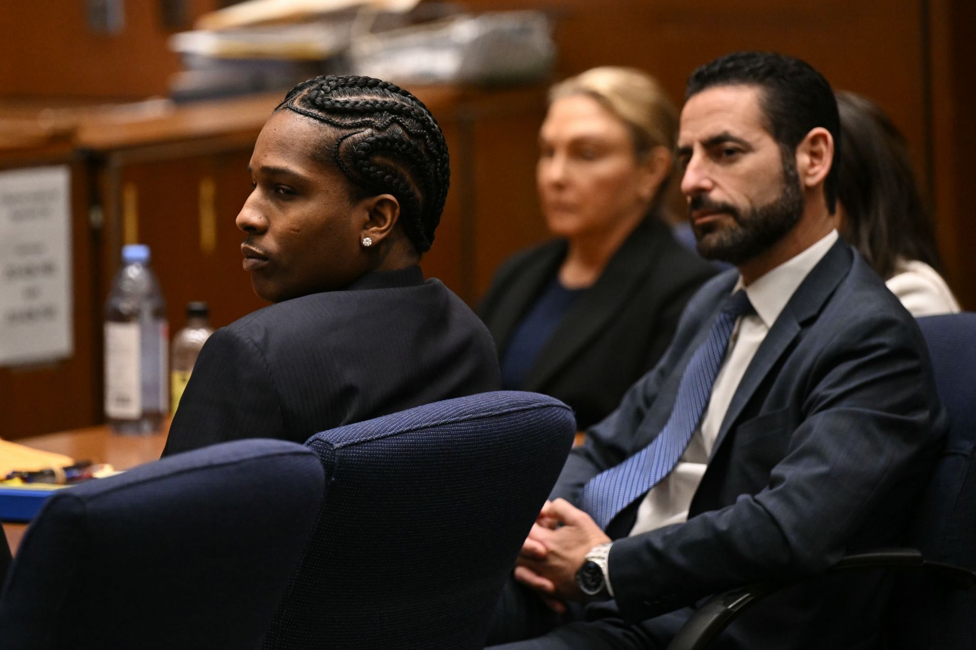 Rakim Mayers (L), aka A$AP Rocky, appears in court during his felony assault trial at the Clara Shortridge Foltz Criminal Justice Center on February 14, 2025 in Los Angeles, California. (Photo by Patrick T. Fallon - Pool/Getty Images)