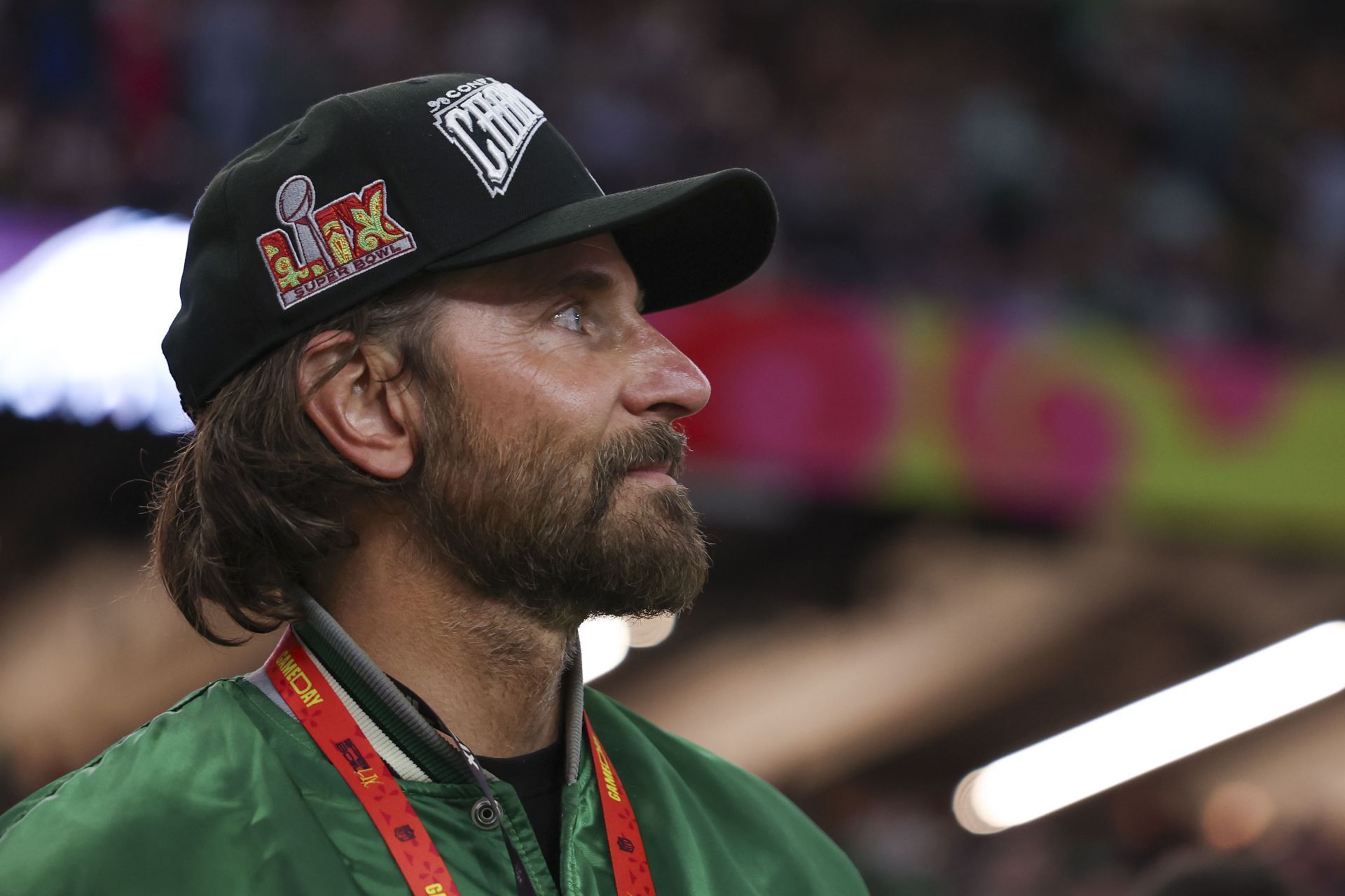 Bradley Cooper at Super Bowl LIX: Kansas City Chiefs v Philadelphia Eagles. Image via Getty.