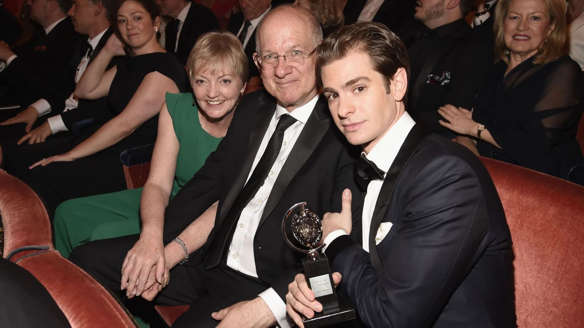 Lynn Garfield, Richard Garfield, and Andrew Garfield pose in the audience during the 72nd Annual Tony Awards (Image via Getty)