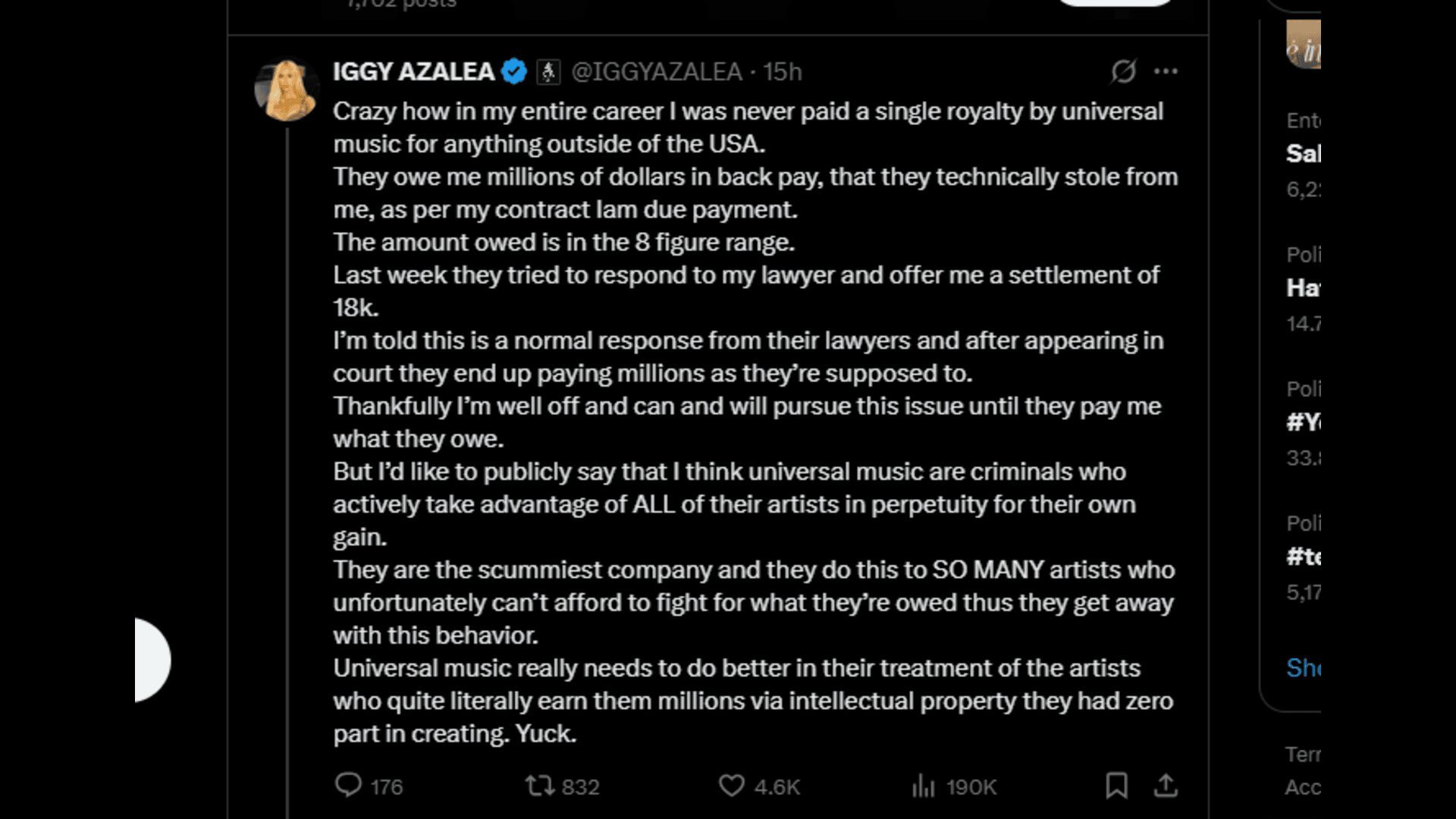 Iggy Azalea posted from her official X account (Image via X/@IGGYAZALEA)