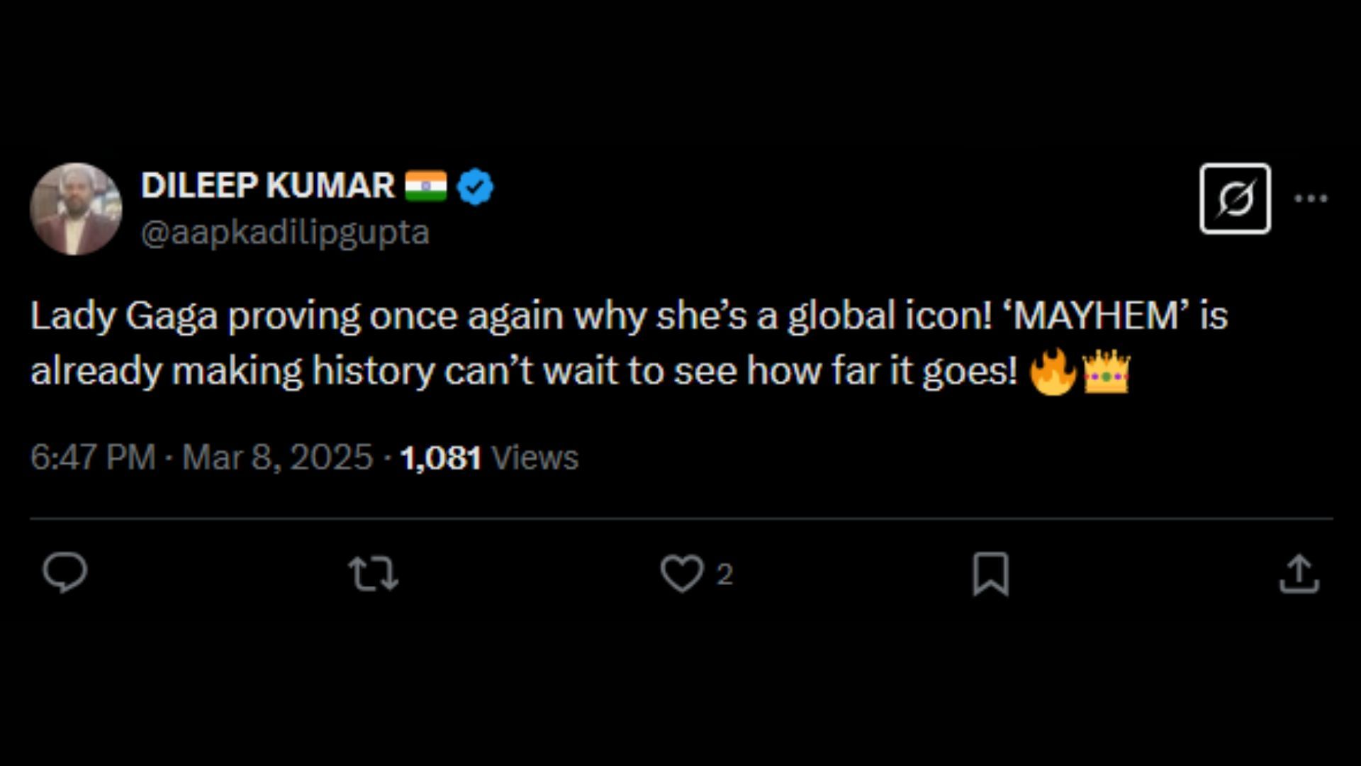 Fans react to Lady Gaga&#039;s Global Spotify achievement (Image via X/aapkadilipgupta)