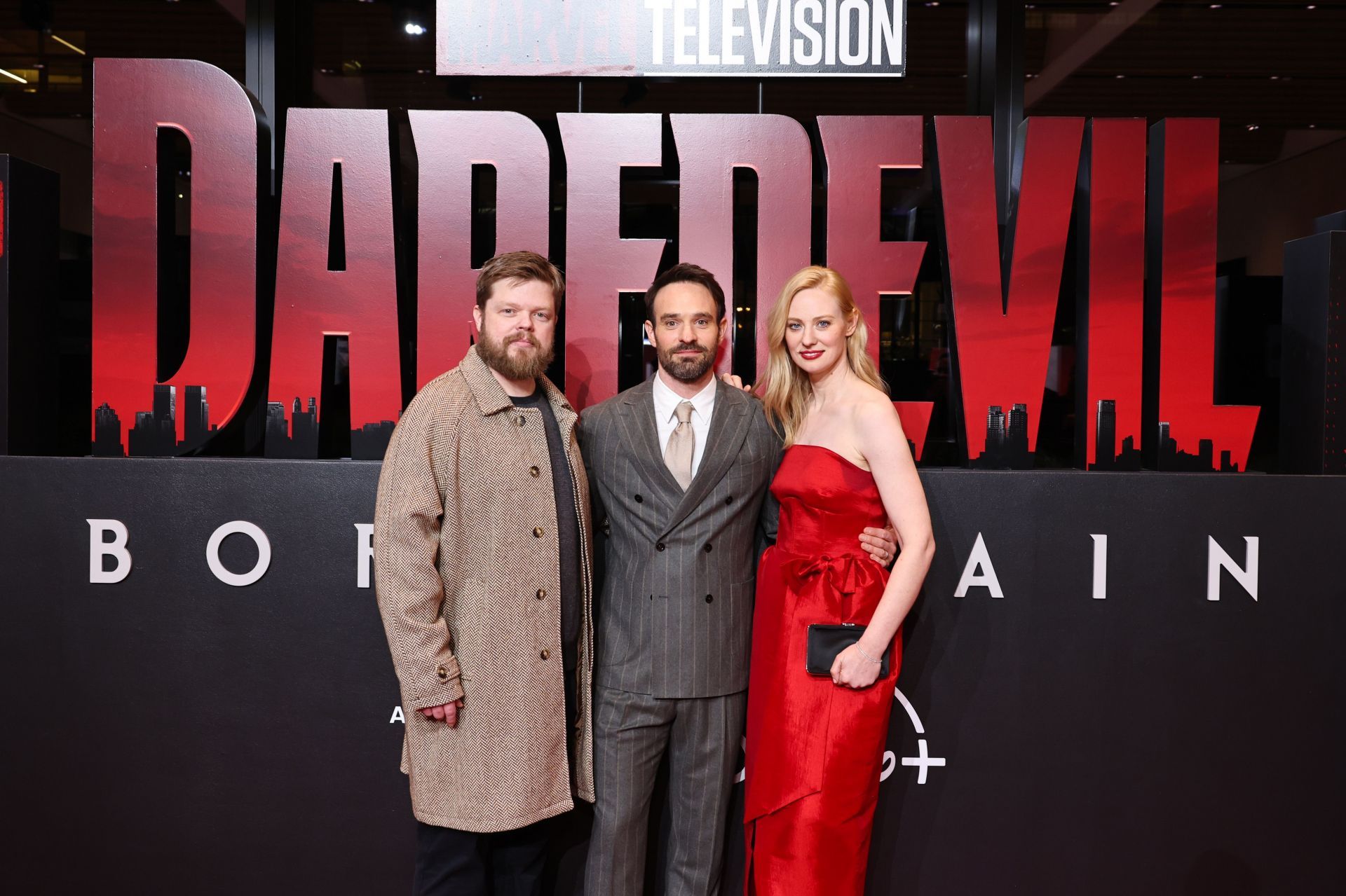 (L-R) Elden Henson (Foggy Nelson), Charlie Cox (Matt Murdock/Daredevil), and Deborah Ann Woll (Karen Page) attend the Daredevil: Born Again red-carpet launch event at The Hudson Theater on February 24, 2025 in New York City. | Image via: Getty