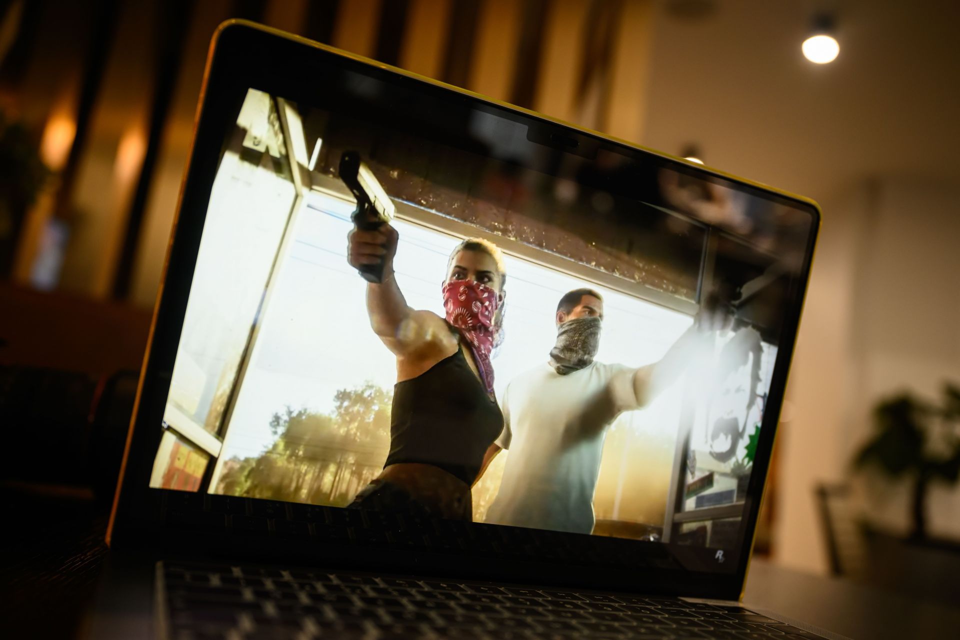 The trailer for the &quot;Grand Theft Auto 6&quot; console game is seen on a laptop screen (Source: Getty)