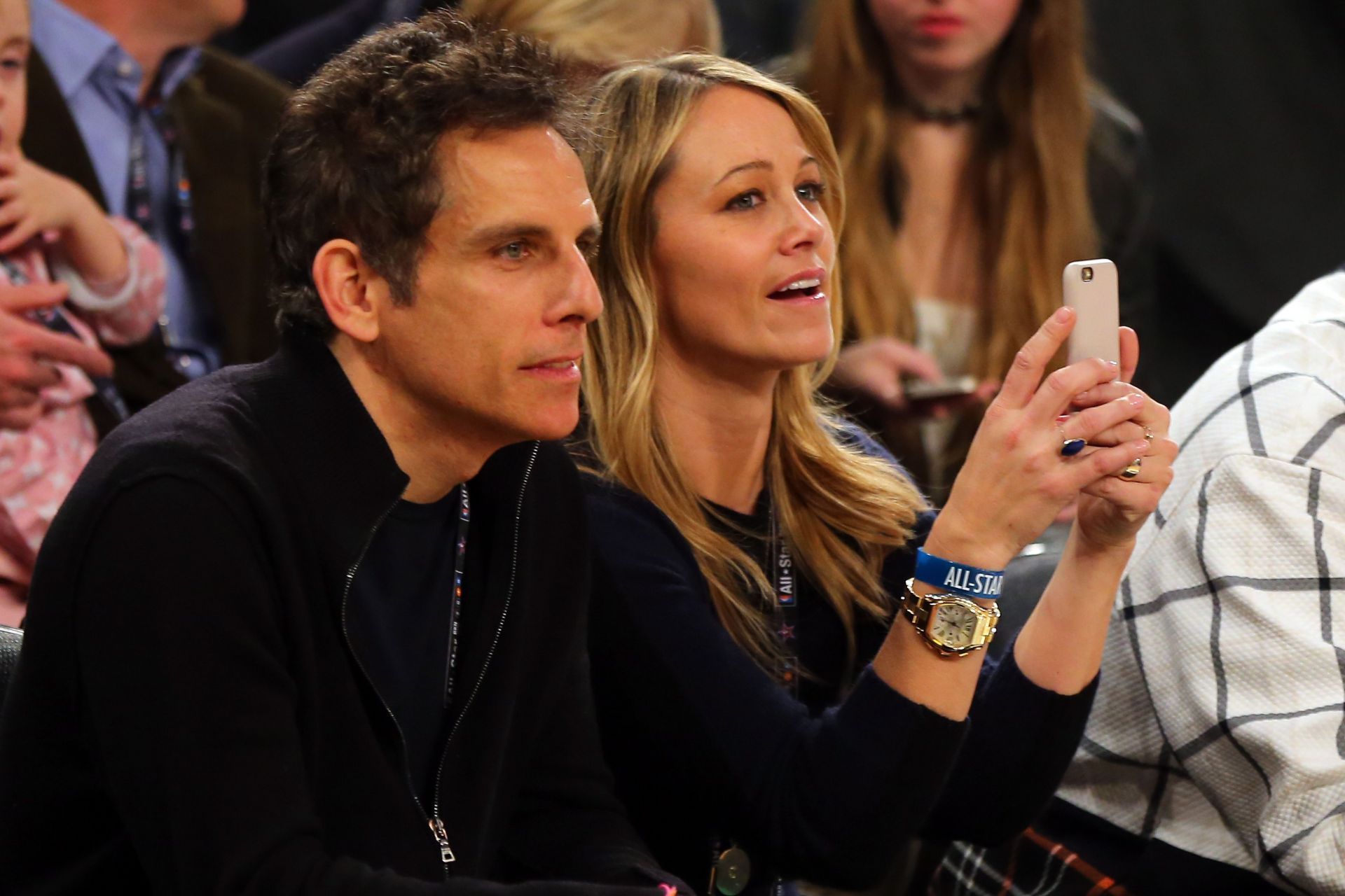 Ben Stiller and Christine Taylor at the 2015 NBA All-Star Game in New York City. (Image via Getty/Elsa)