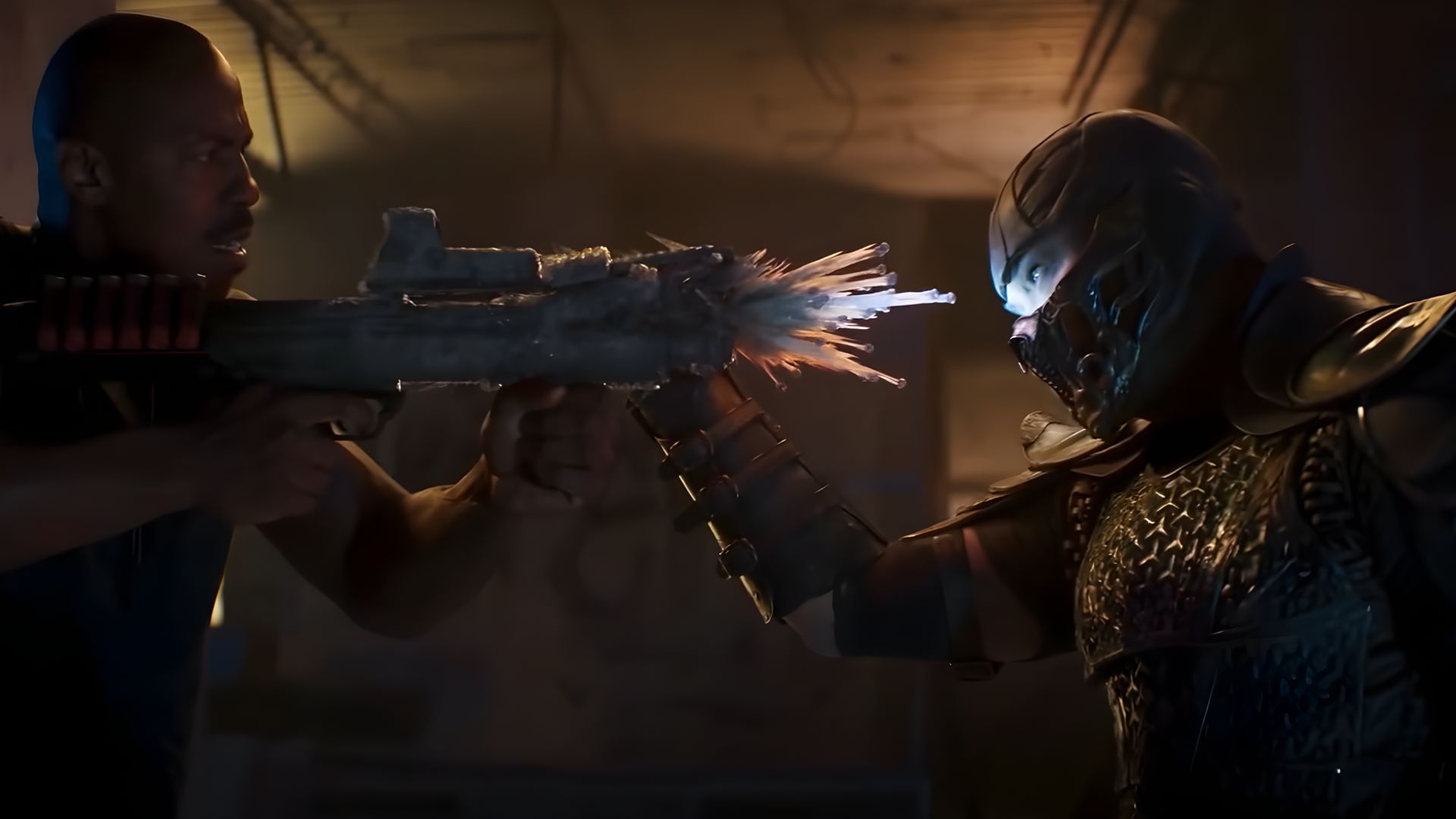 Sub-Zero freezes a bullet fired by Jax in the 2021 Mortal Kombat film