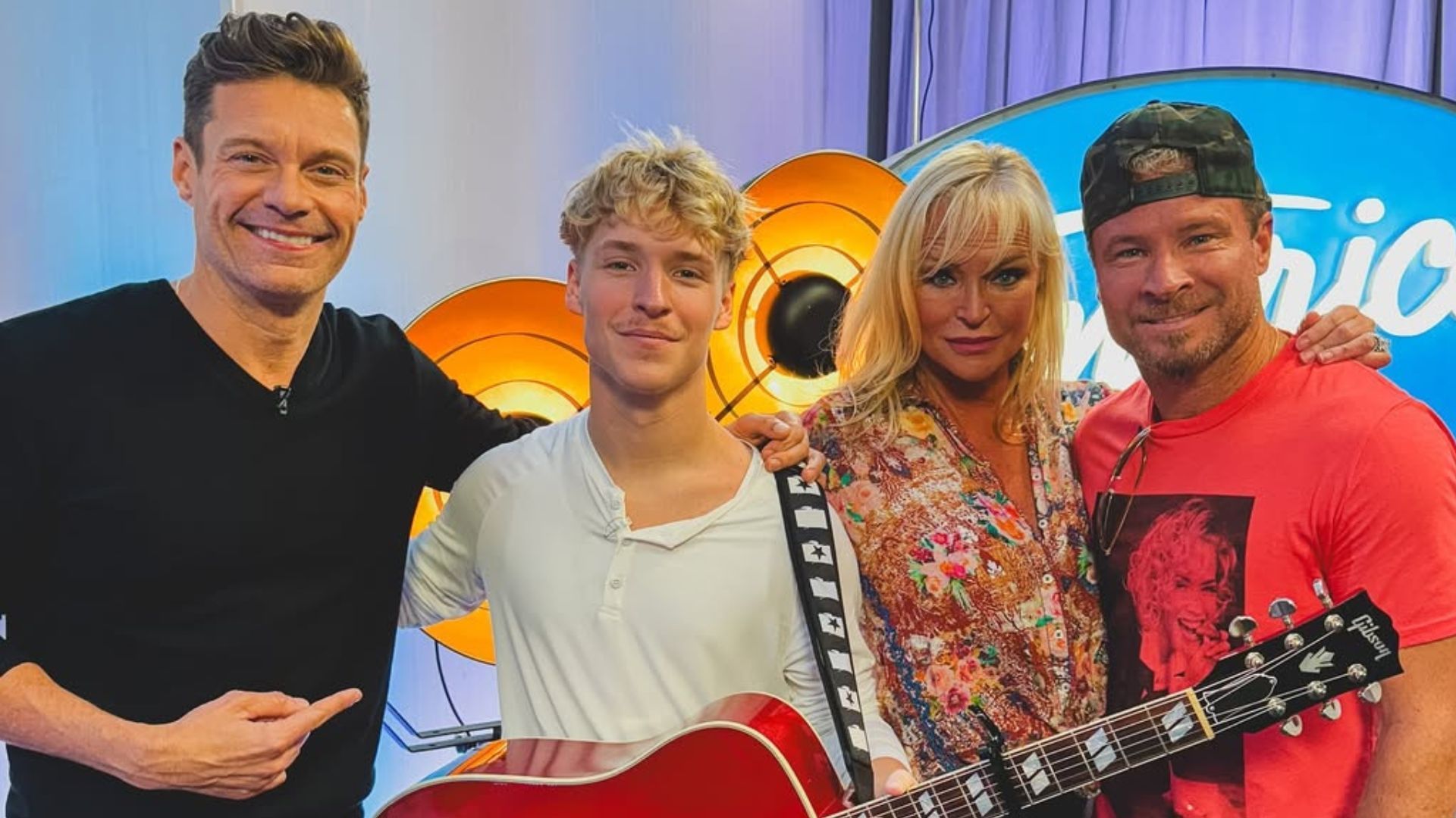 Brian Littrell with his son Baylee Littrell and wife Leighanne and Ryan Seacrest (Source: Instagram/rokspics)