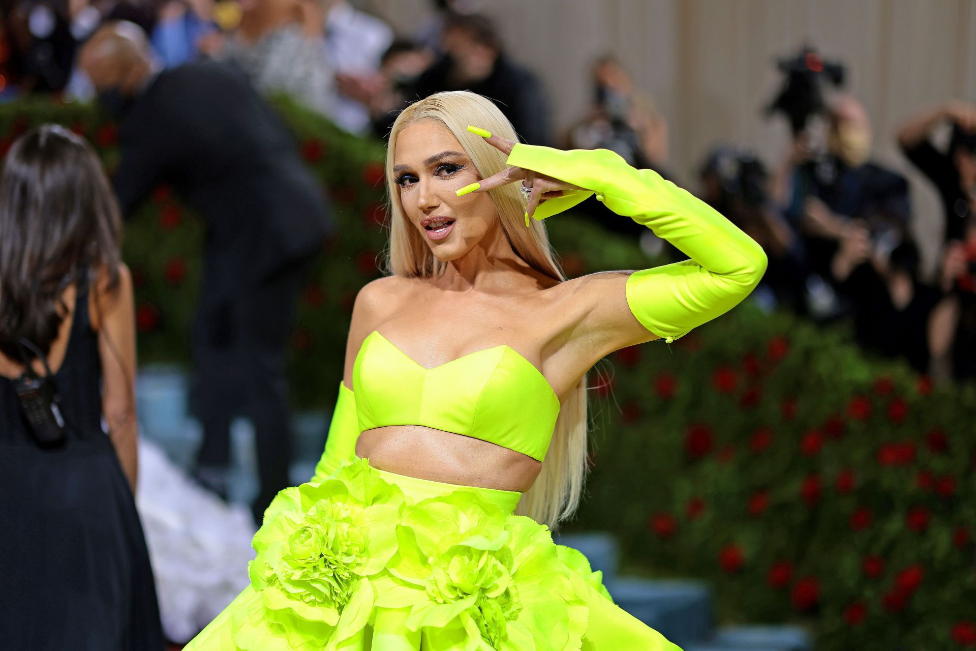 Gwen Stefani at the 2022 Met Gala - Arrivals - Source: Getty Baby Dorothy McGowan in high chair - (vegetized wafer), Southern California, 1929 - Source: Getty