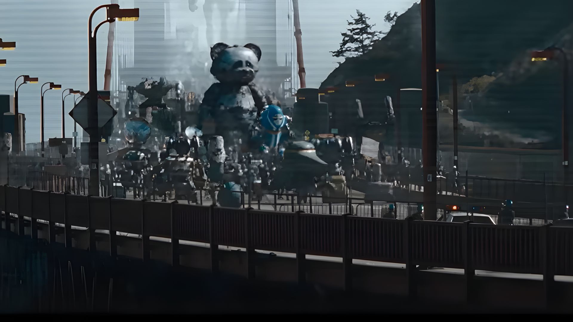 A fleet of robots walking on a bridge in The Electric State