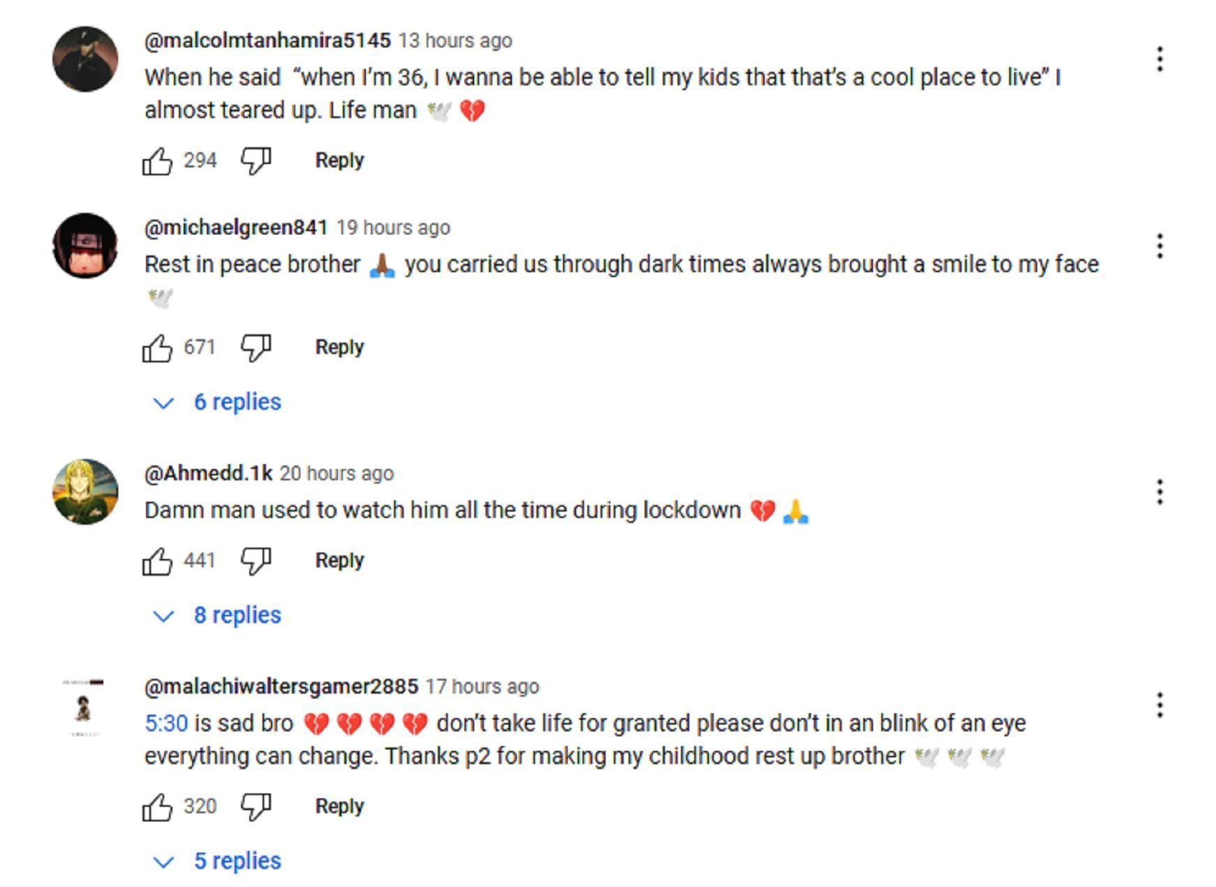 Comments on P2istheName&#039;s last video (Image via YouTube)