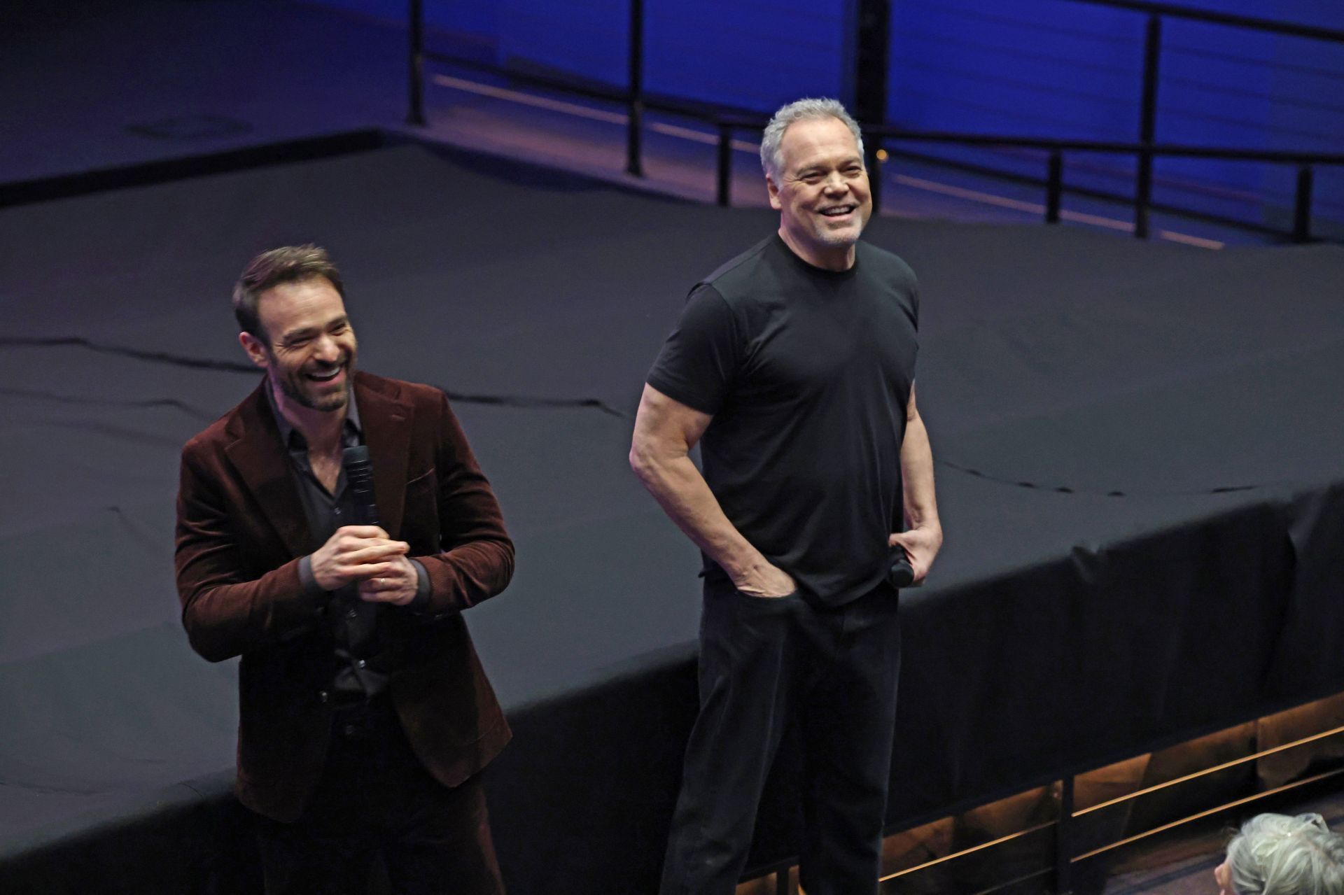 (L-R) Charlie Cox (Matt Murdock/Daredevil) and Vincent D&#039;Onofrio (Wilson Fisk/Kingpin) speak during the Daredevil: Born Again red-carpet launch event at The Hudson Theater on February 24, 2025, in New York City. Image via: Getty