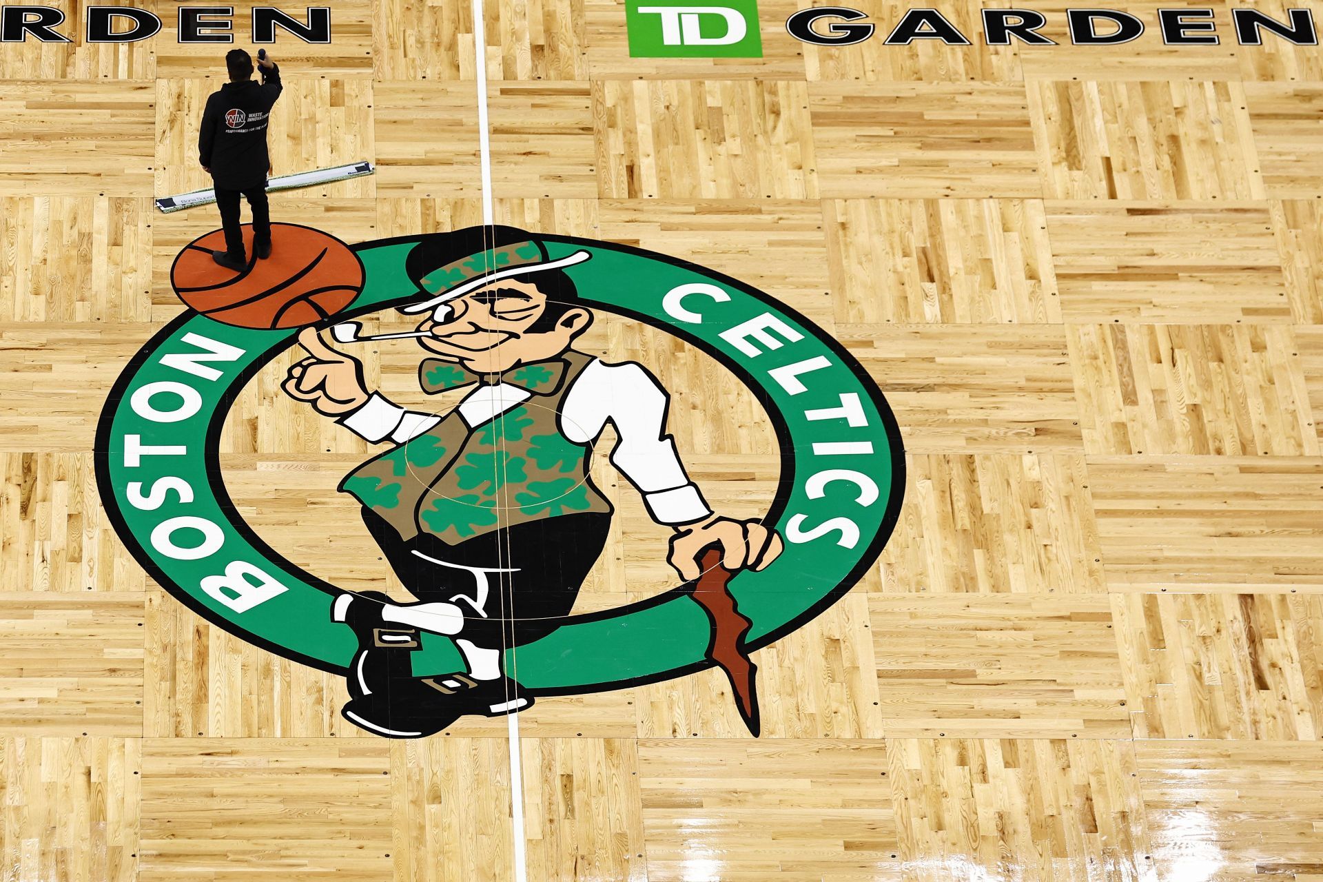 Boston Celtics logo during a change over at TD Garden on December 7, 2024 in Boston, Massachusetts. (Image via Getty)