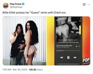 Billie Eilish's IG story complimenting her collab with Charli XCX (Image via X/@PopCrave)