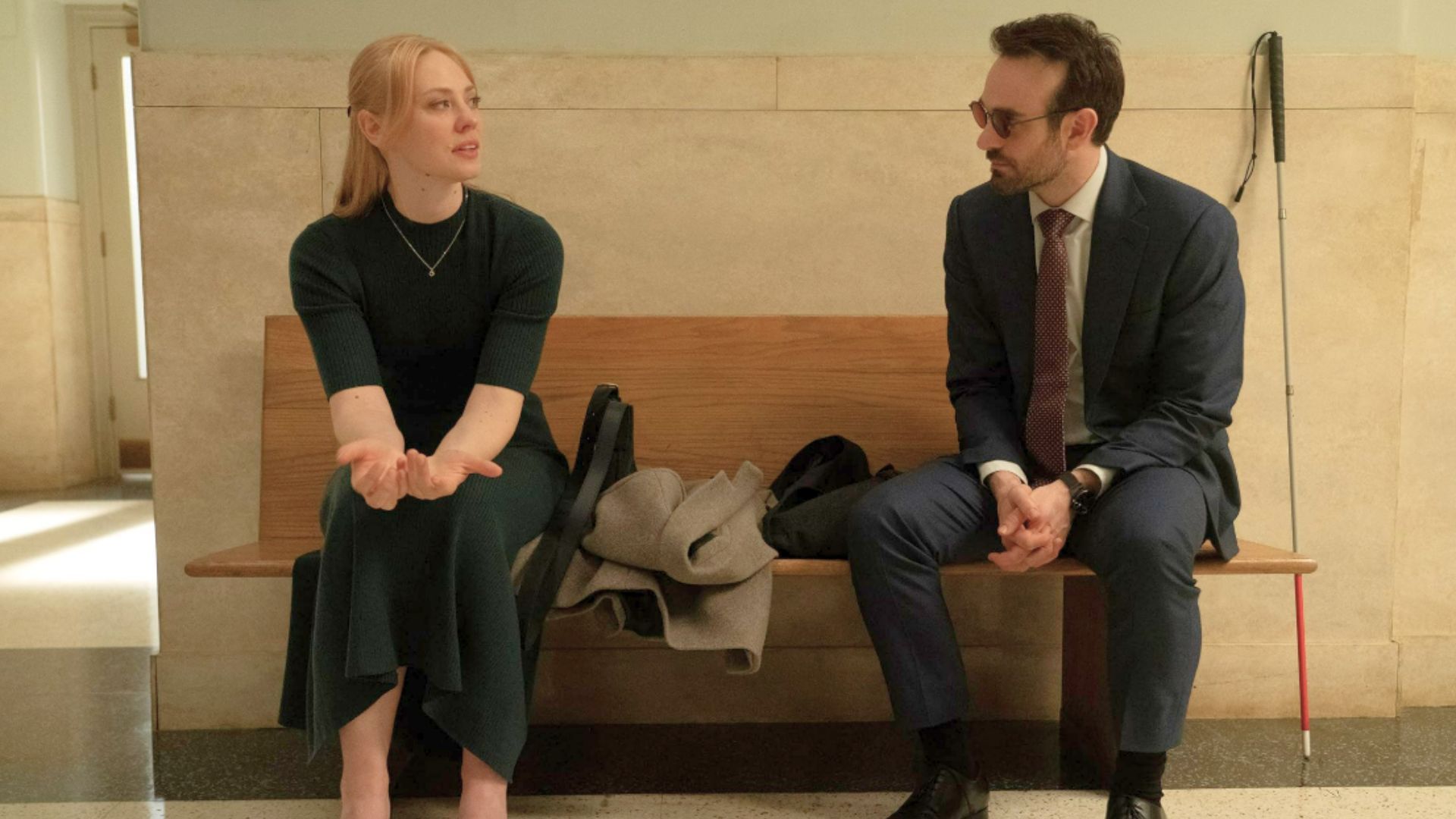 Deborah Ann Woll as Karen and Charlie Cox as Matt in Daredevil: Born Again (Image via Disney+)