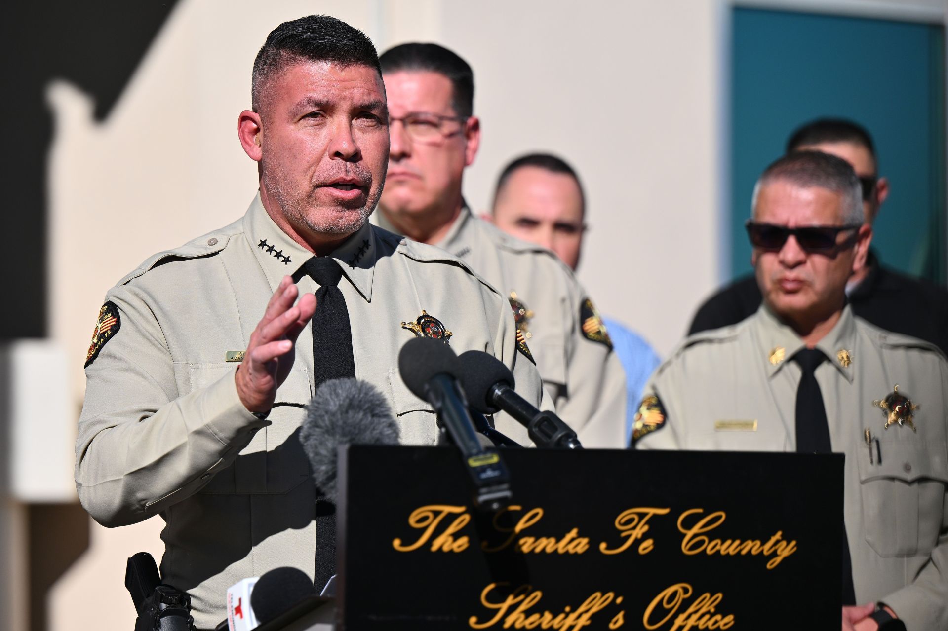 Santa Fe County Sheriff Adan Mendoza speaks during a press conference at the Santa Fe County Sheriff&#039;s Office. (Image via Getty)