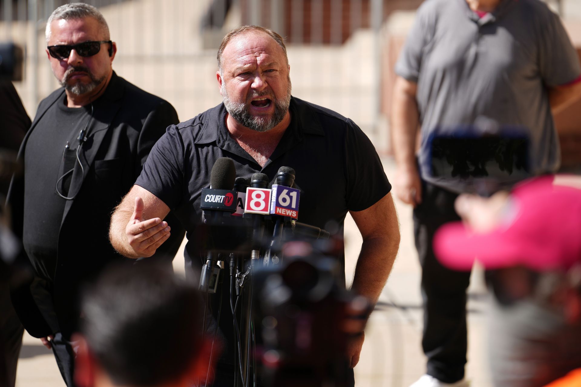 Alex Jones Speaks To The Media Outside The Sandy Hook Trial In Waterbury, Connecticut - Source: Getty