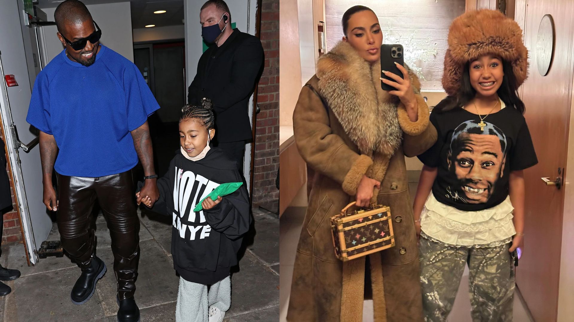 Kanye West, Kim Kardashian, and North West (Getty via Soap Central CMS - Resized on Canva, Image via Instagram)