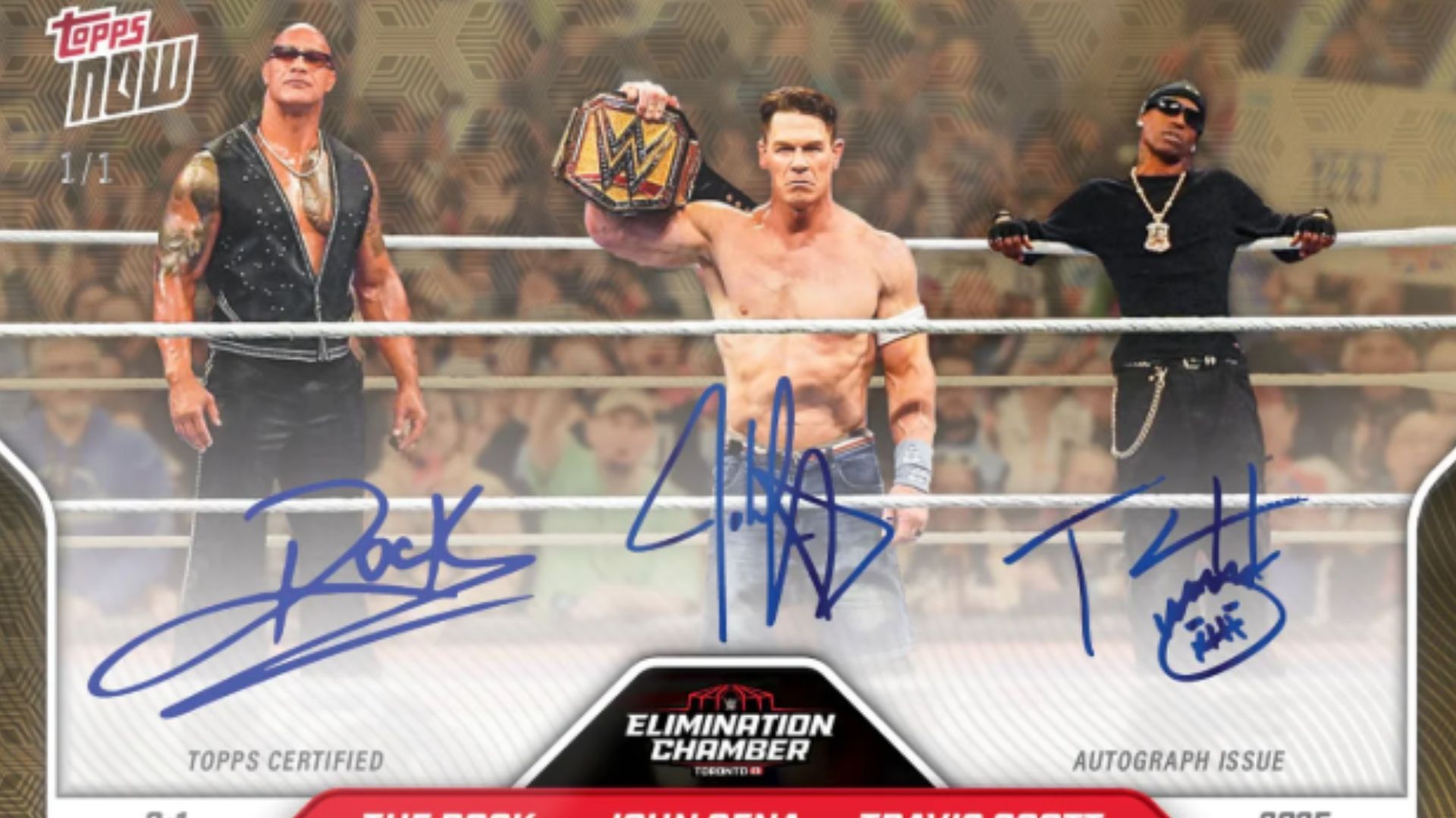 Internet reacts to The Rock, Travis Scott, and John Cena uniting to sign a one-of-a-kind triple autograph card (Image via Topps/@topps.com)