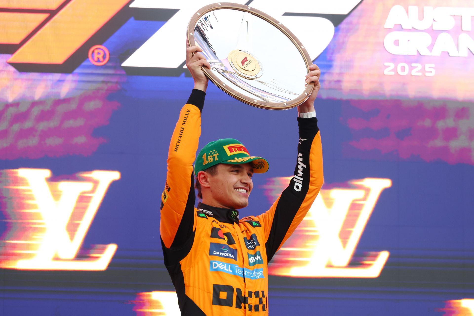 Race winner Lando Norris of Great Britain and McLaren on the podium during the F1 Grand Prix of Australia at Albert Park Grand Prix Circuit on March 16, 2025, in Melbourne, Australia. (Photo by Clive Rose/Getty Images)