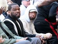 50 Cent and Eminem at the Hollywood Walk of Fame Star Ceremony for Dr. Dre in 2024. (Image via Getty)