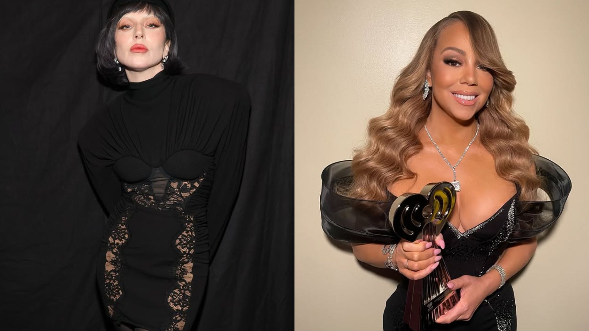 Stars like Lady Gaga, Mariah Carey, and Gracie Abrams opted for monochrome black outfits (Image via Instagram/@iheartradio/@mariahcarey)