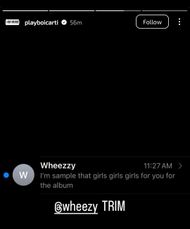 Carti's Story Screenshot Source: Instagram