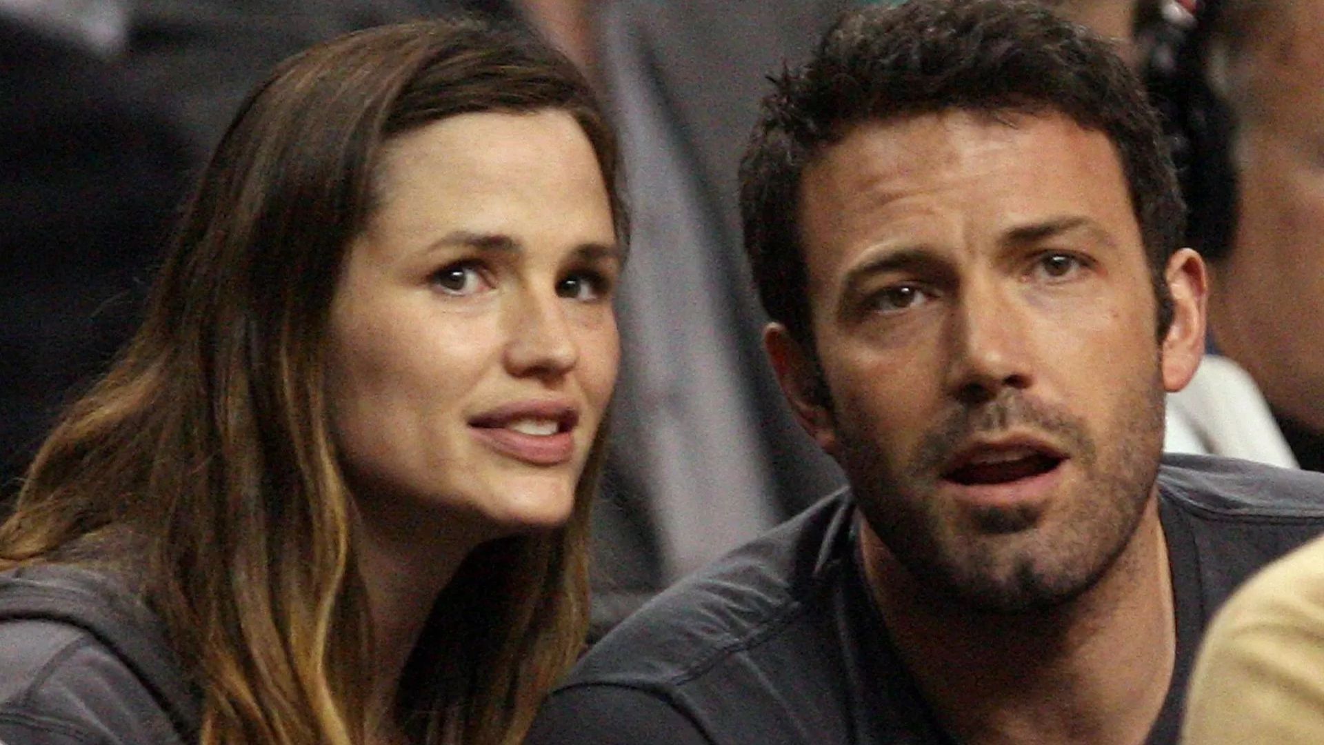 Actors Jennifer Garner and Ben Affleck in the second row in the second quarter of Game 7 of the Eastern Conference semifinals (Source: Getty)