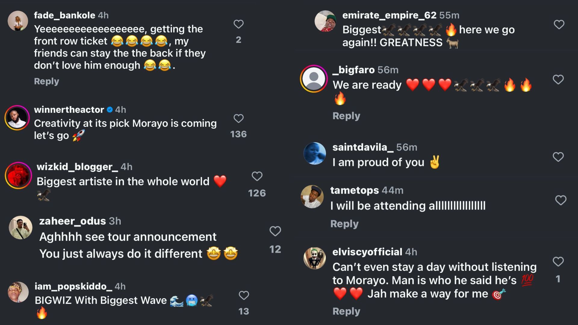 Fans expressed enthusiasm for Morayo Tour (Image via Instagram/@wizkidayo)