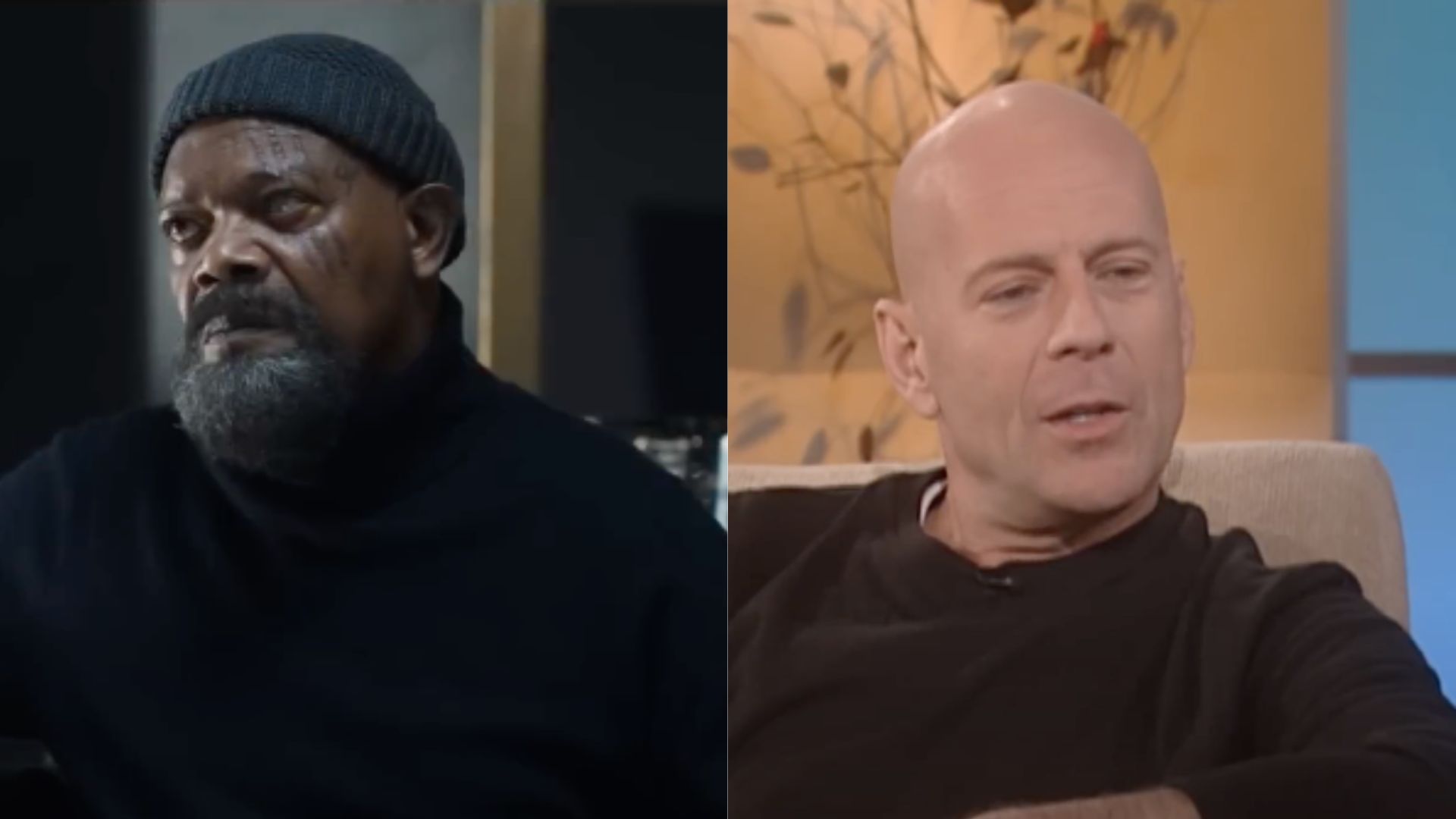 This is the collage of images of actors Samuel L. Jackson as Nick Fury, and Bruce Willis