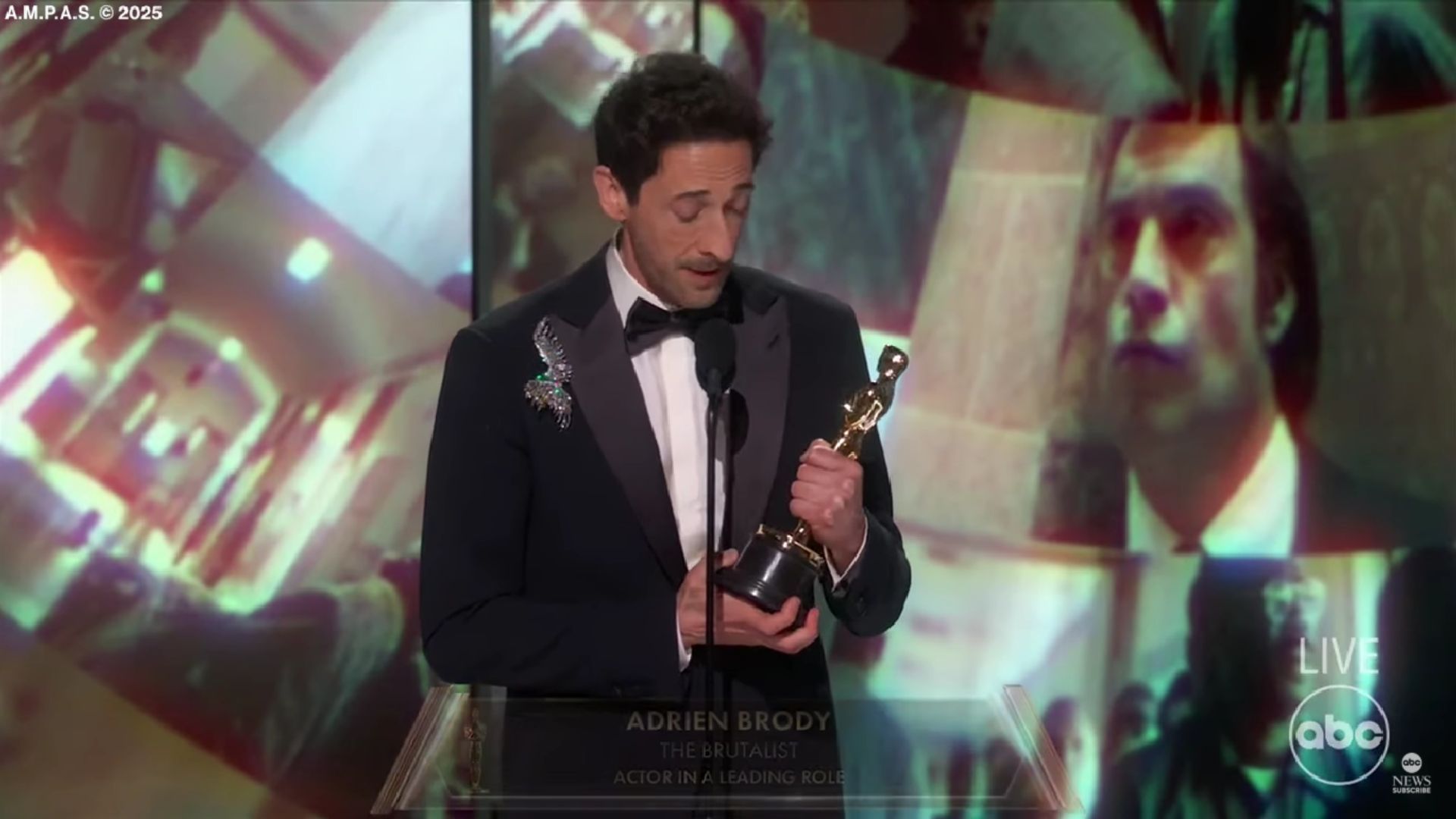 Adrien Brody winning the best actor award for The Brutalist | Image Source:  ABC News