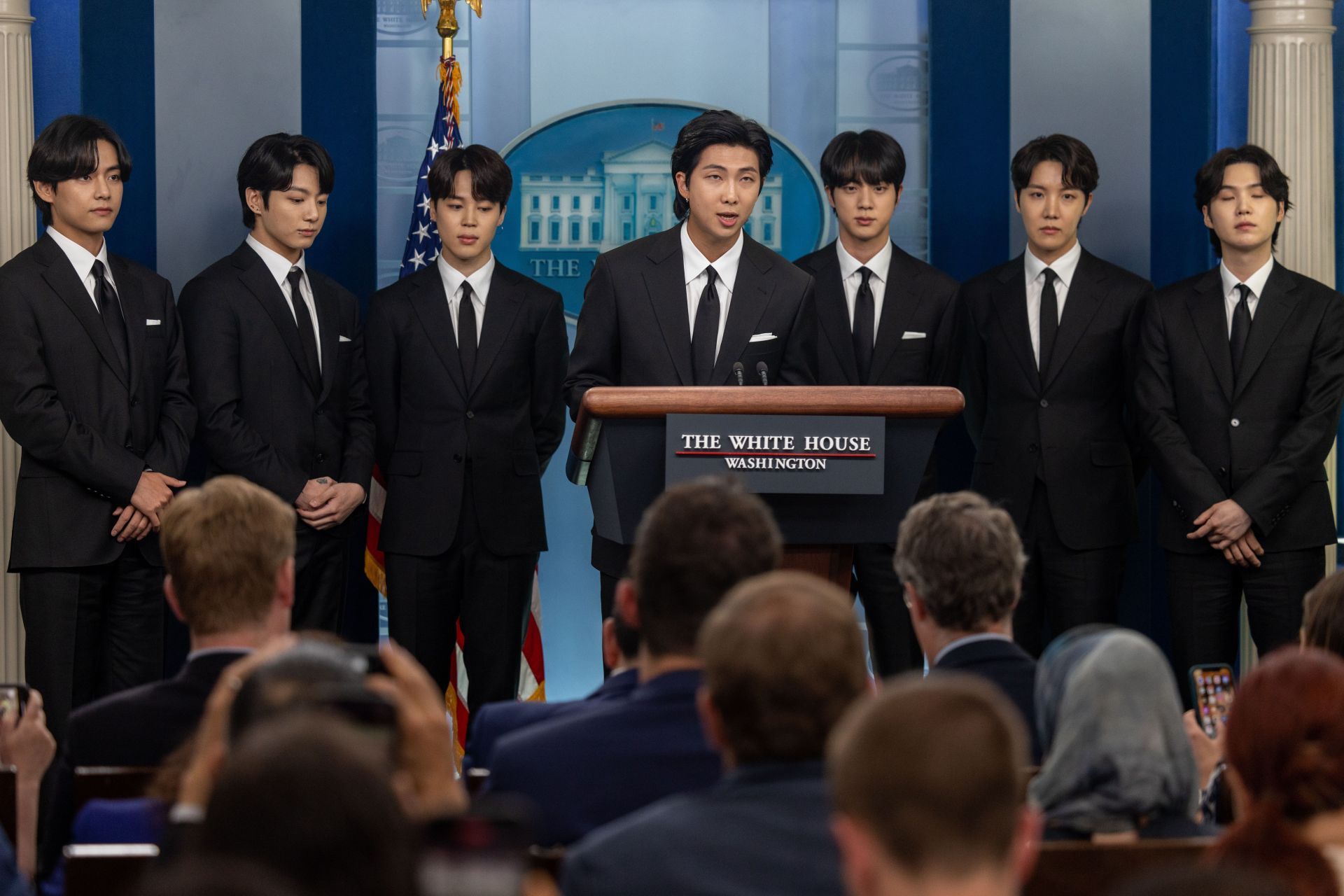 BTS members speaks at the White House to discuss Asian inclusion, representation, and the fight against anti-Asian hate crimes and disinformation | Image via: Getty