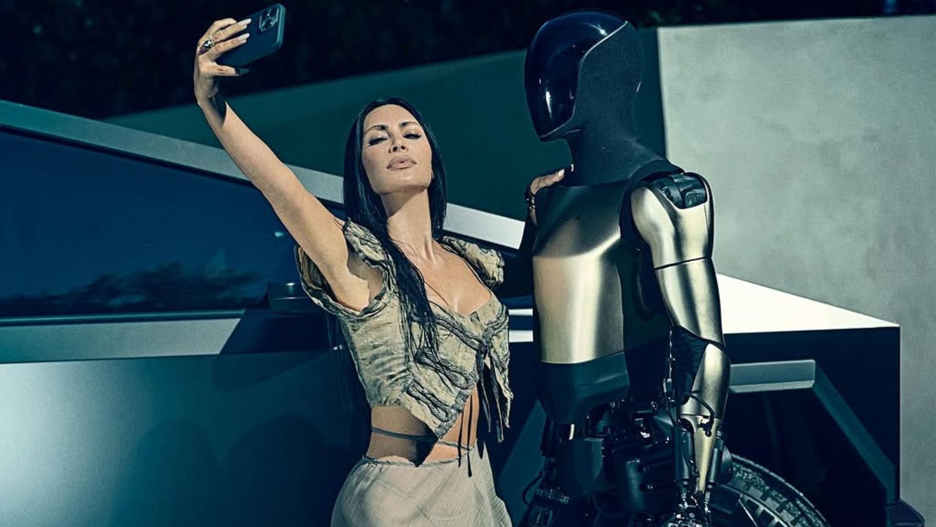 Kim Kardashian poses with a Tesla Optimus robot for Perfect Magazine, Tesla, Elon Musk, Kim Kardashian Met Gala, Kim Kardashian Net Worth,,