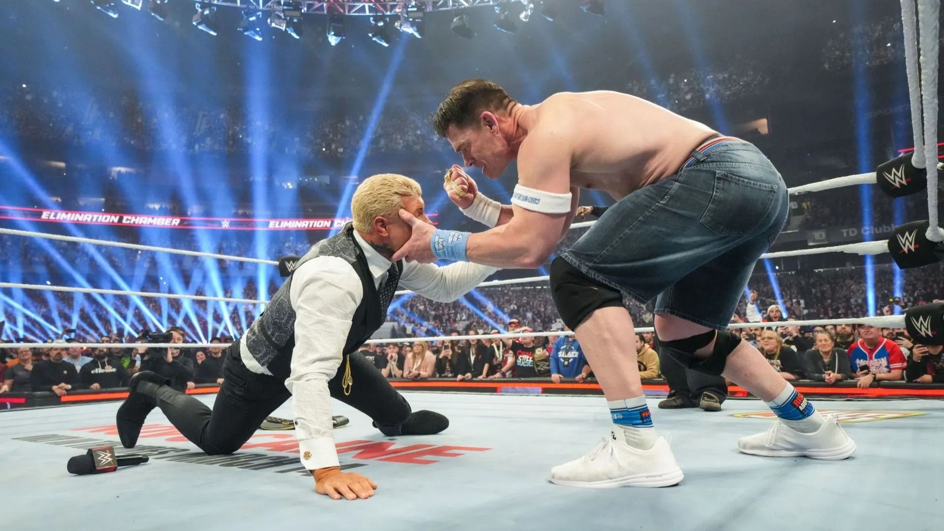 John Cena turns heel on Cody Rhodes during WWE Elimination Chamber 2025 - Source: Getty