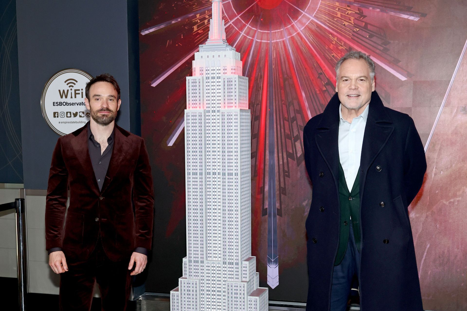 Charlie Cox (Matt Murdock/Daredevil) and Vincent D&#039;Onofrio (Wildon Fisk/Kingpin) attend the Daredevil: Born Again red-carpet launch event at the Empire State Building on February 24, 2025 in New York City. - Source: Getty