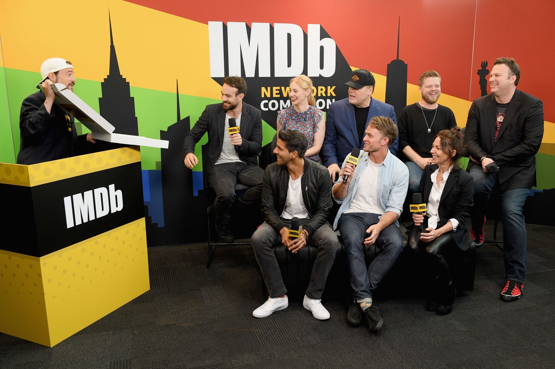 Charlie Cox, Deborah Ann Woll, Vincent D&#039;Onofrio, Elden Henson, Erik Oleson, Jay Ali, Wilson Bethel and Joanne Whalley of &#039;Daredevil&#039; and Kevin Smith (L) attend IMDb at New York Comic Con - Day 2 at Javits Center on October 6, 2018 in New York City. | Image via: Getty