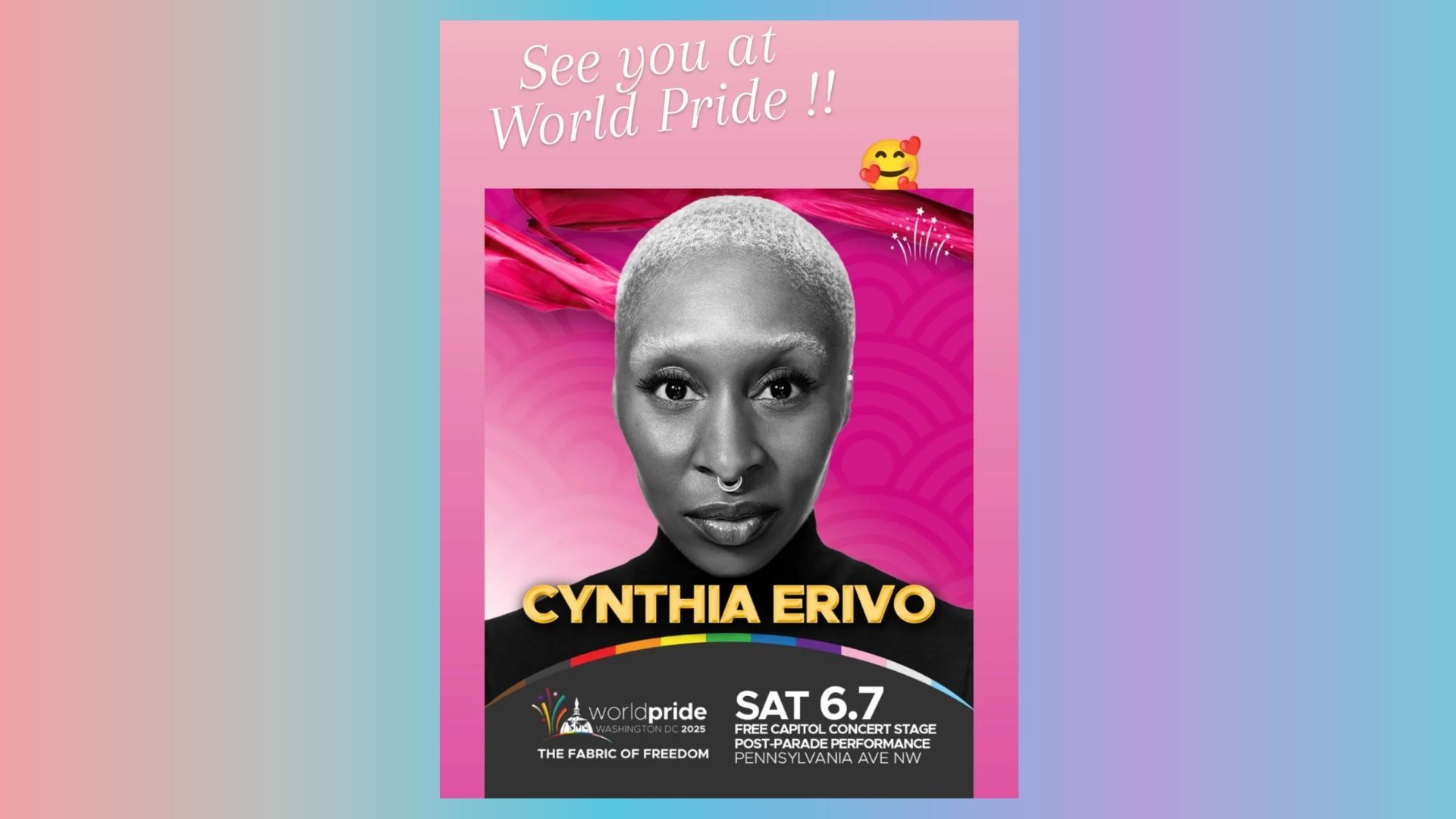 Cynthia is scheduled to perform on June 7 at the Pride Festival. (Image via Instagram/@cynthiaerivo)