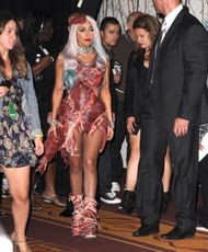 Lady Gaga wearing the 'meat dress' at the 2010 MTV Video Music Awards - Press Room - Source: Getty