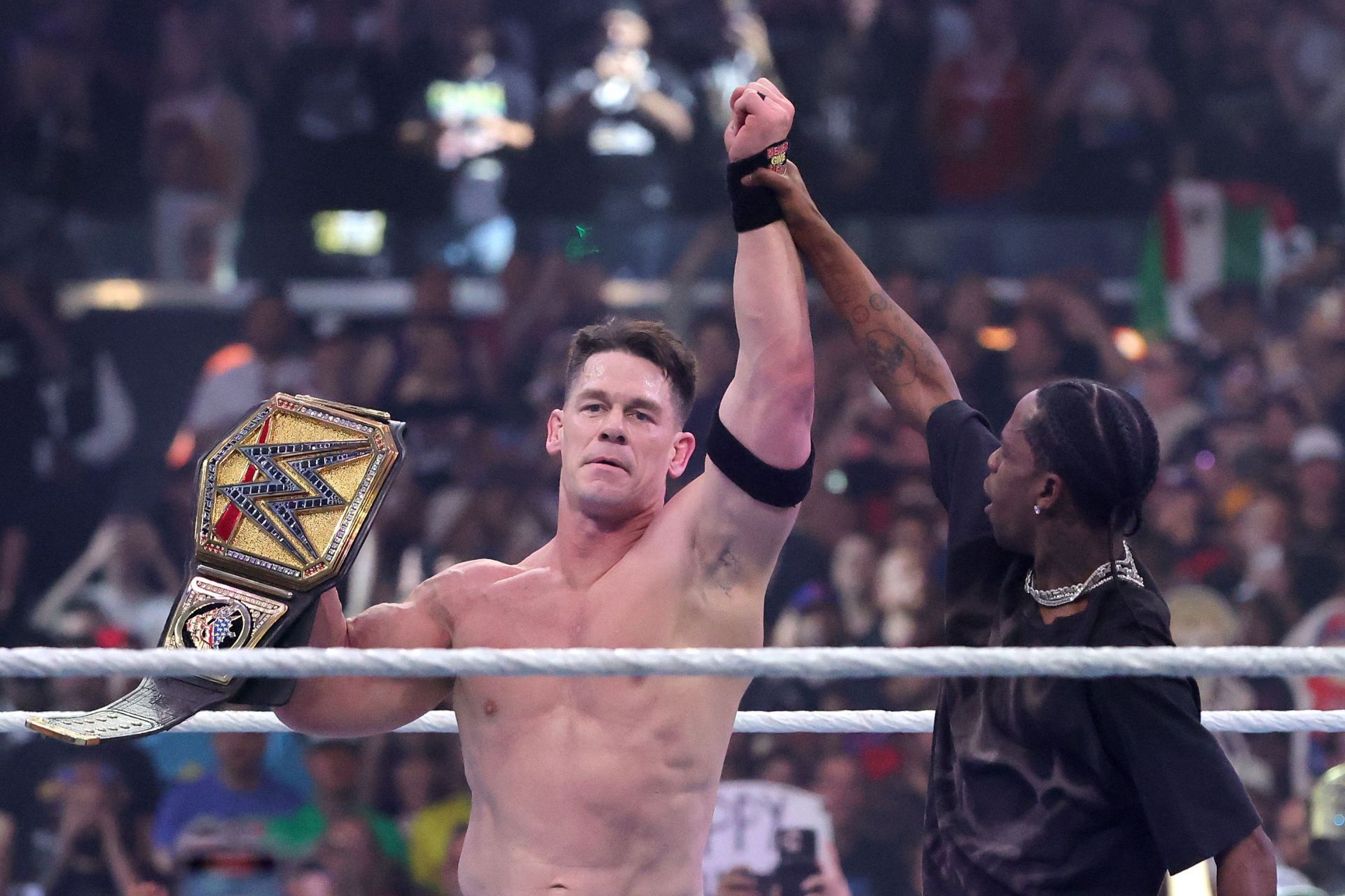 Travis Scott&#039;s cameo at WrestleMania 41 wasn&#039;t well-received (Image via Getty/Ethan Miller)