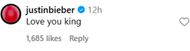Justin Bieber's comment on Finneas' post. (Image via Instagram/@finneas)