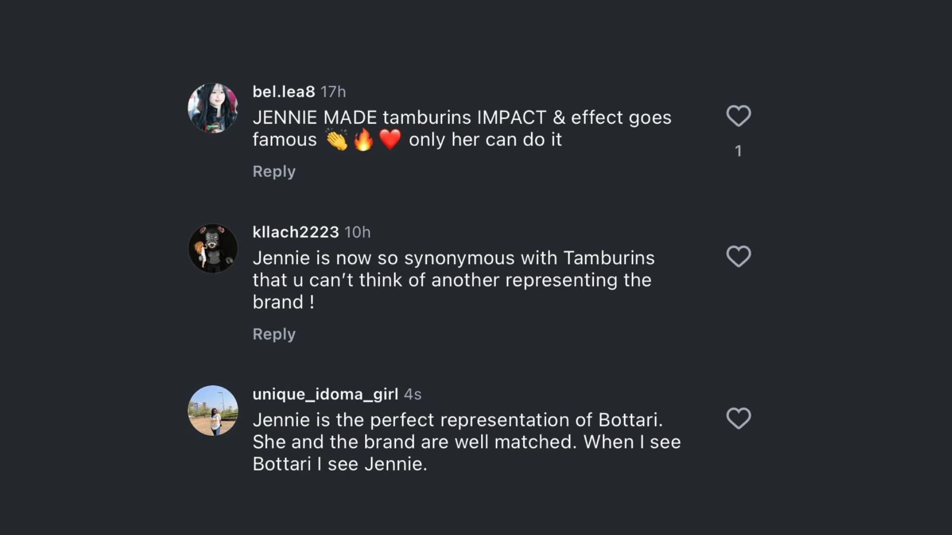 Fans praised the collaboration between Jennie and the brand (Image via Instagram/@tamburinsofficial)