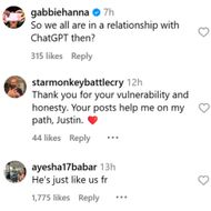 Fans' reaction to Justin Bieber's post. (Image via Instagram/@justinbieber)