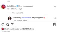 Justin Bieber comments on recent Ariana Greenblatt's Instagram post (Image via Instagram / @ariana_greenblatt)
